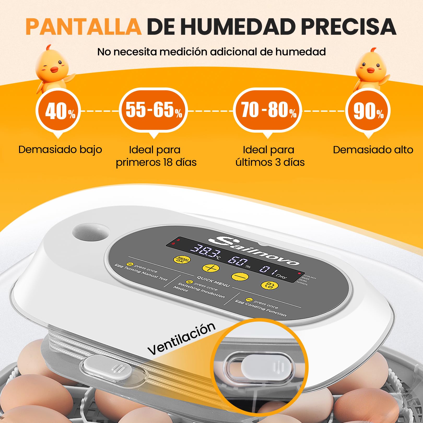 Sailnovo Incubadora para 24 Huevos con 4 Modos, Incubadora de Huevos con Volteo Automático y Monitor de Humedad, Lámpara de Huevo, Incubadora Huevos Gallina Vista 360° Ventana Transparente, Gris