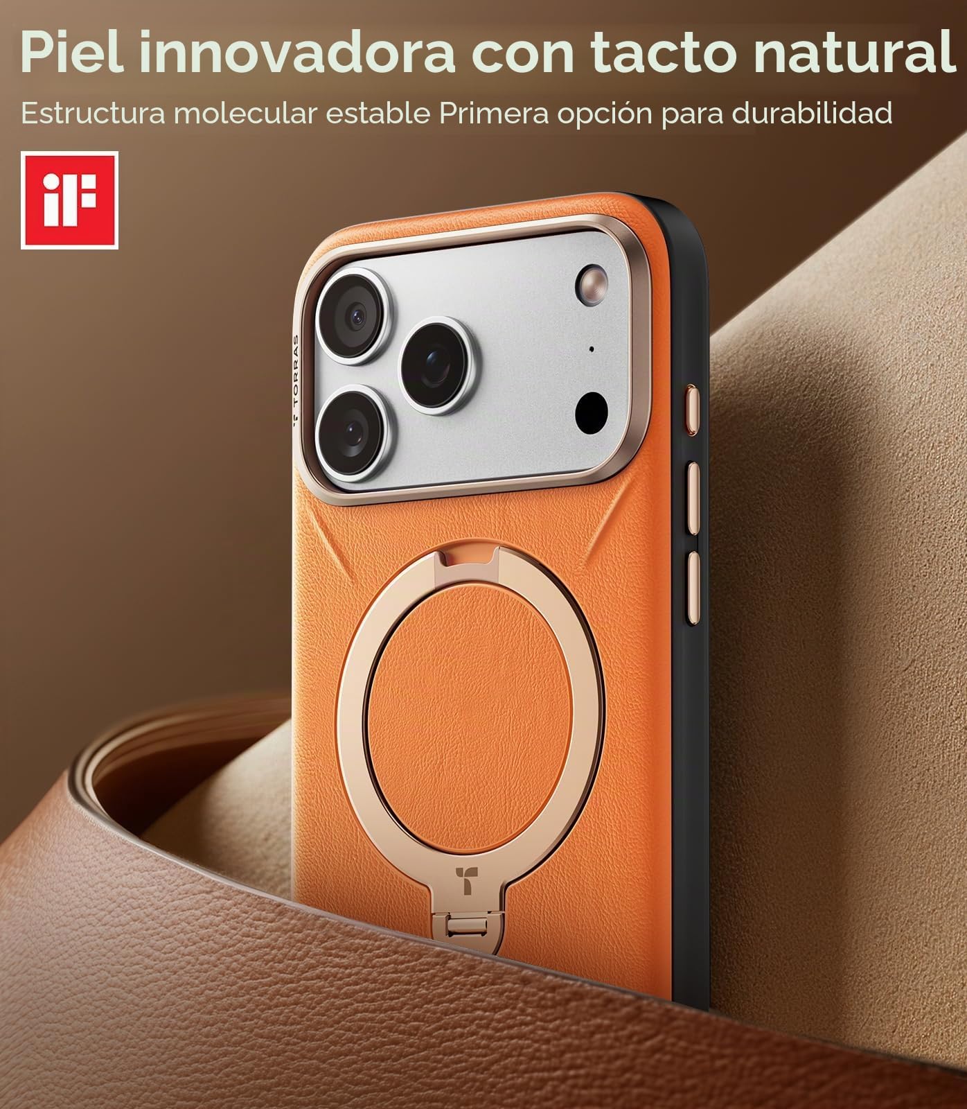 TORRAS Ostand Q3 VegSkin Funda para iPhone 17 Pro MAX [clásica Piel de Ternero][(Soporte magnético Invisible 360°] Resistente a los Golpes& arañazos, Funda para iPhone 17 Pro MAX, Naranja