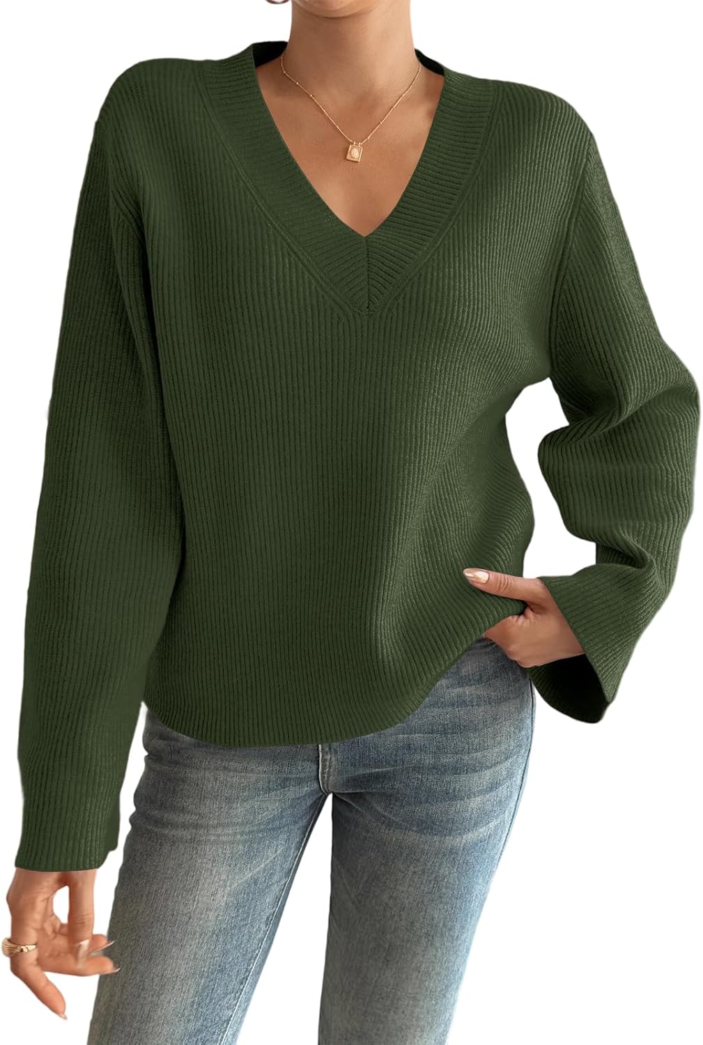 Yousify Womens V Neck Oversized Sweaters Long Sleeve Knit Pullover Trendy Casual Chunky Sweater - Image 2