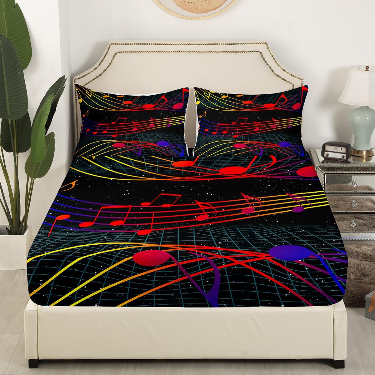 Music Fitted Sheet Full Size Music Notes Bedding Set Rock Sheet Set,Colorful Lines Bed Cover Ultra Soft Breathable Bedding 3 Pcs for Kids Teens Boys
