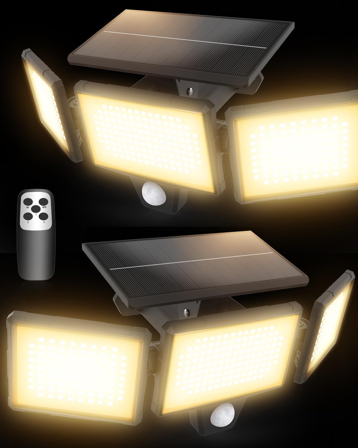 Amiluo Solar Outdoor Lights 304 LED 3000LM Flood Security Lights with Remote, Large Solar Panel Motion Sensor Lights 3 Modes, Waterproof IP67 Wall Lights for Driveway Yard(2 Pack- WarmWhite)