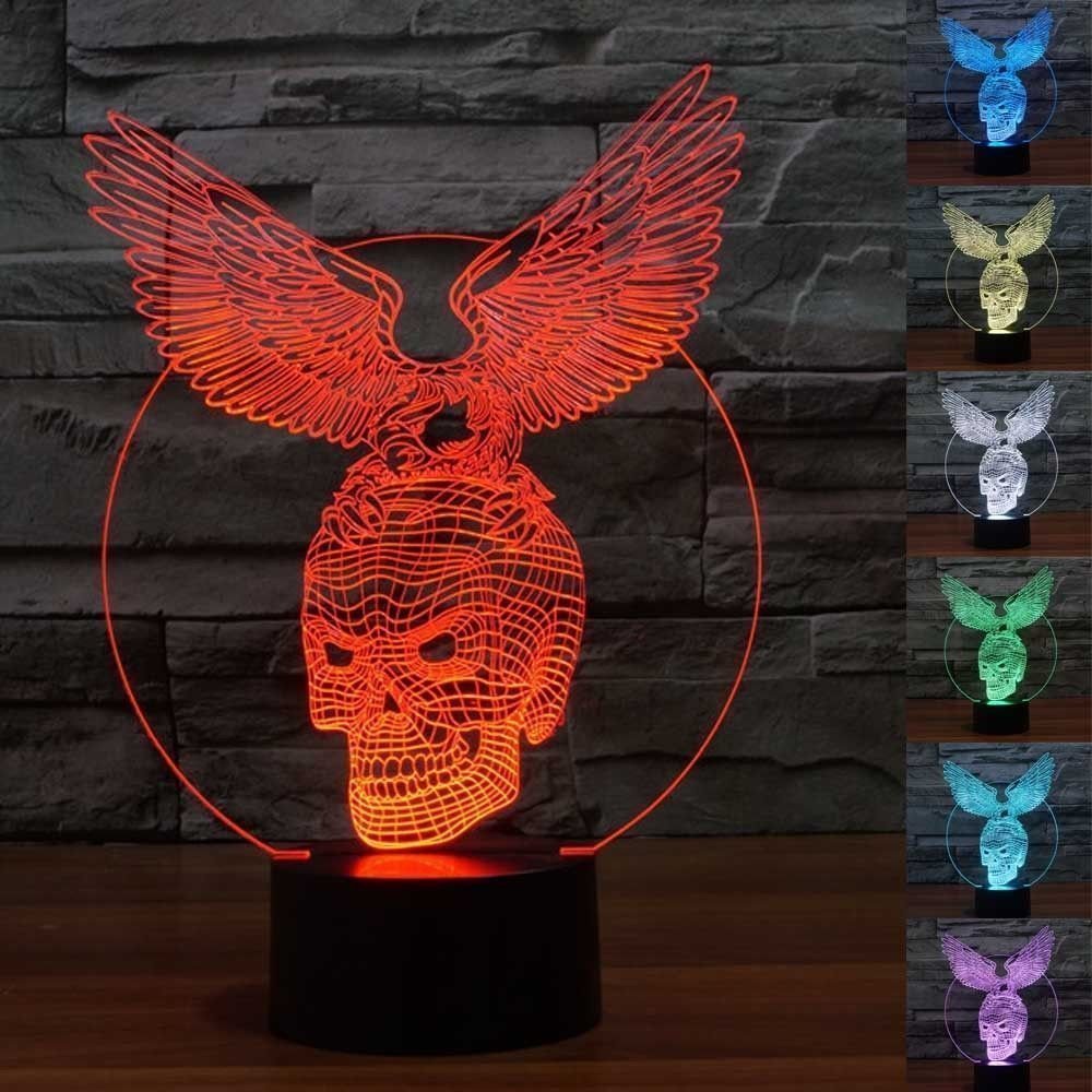 HPBN8 Ltd Creative Eagle Skull 3D Night Light USB Touch Switch Decor Table Desk Optical Illusion Lamps 7 Color Changing Lights LED Table Lamp Xmas Home Love Brithday Children Kids Decor Toy Gift