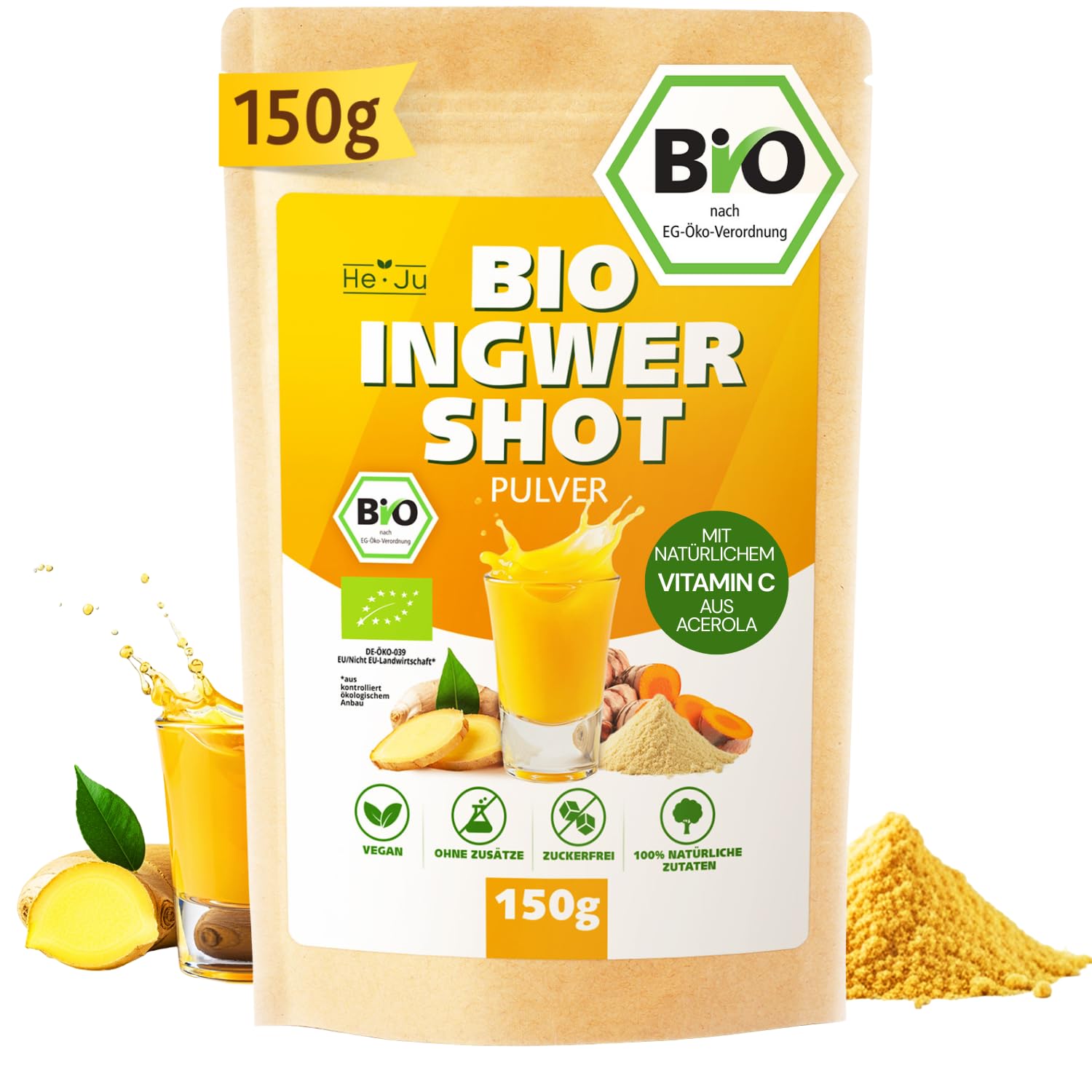 He-Ju Bio Ingwer Shot Pulver 150g (75 Shots) mit natürlichem Vitamin C aus Acerola, extra scharf, Vegan, ohne Zusätze, Laborgeprüft, frei von Zucker, 100% natürliche Zutaten