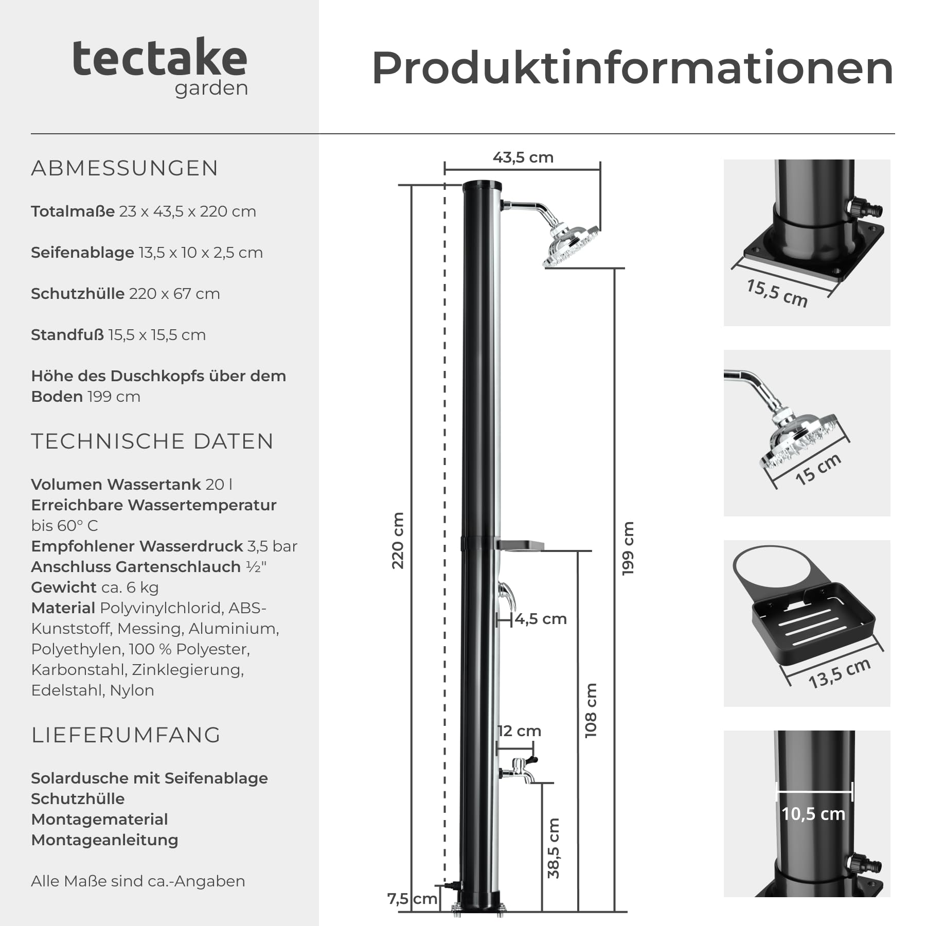 TecTake® Solardusche 20 l, bis 60° C warmes Wasser, drehbarer Regenduschkopf, Einhebelmischbatterie, Gartenschlauchanschluss, Schutzhülle, Warmwasser, Außendusche, Campingdusche - schwarz/Silber