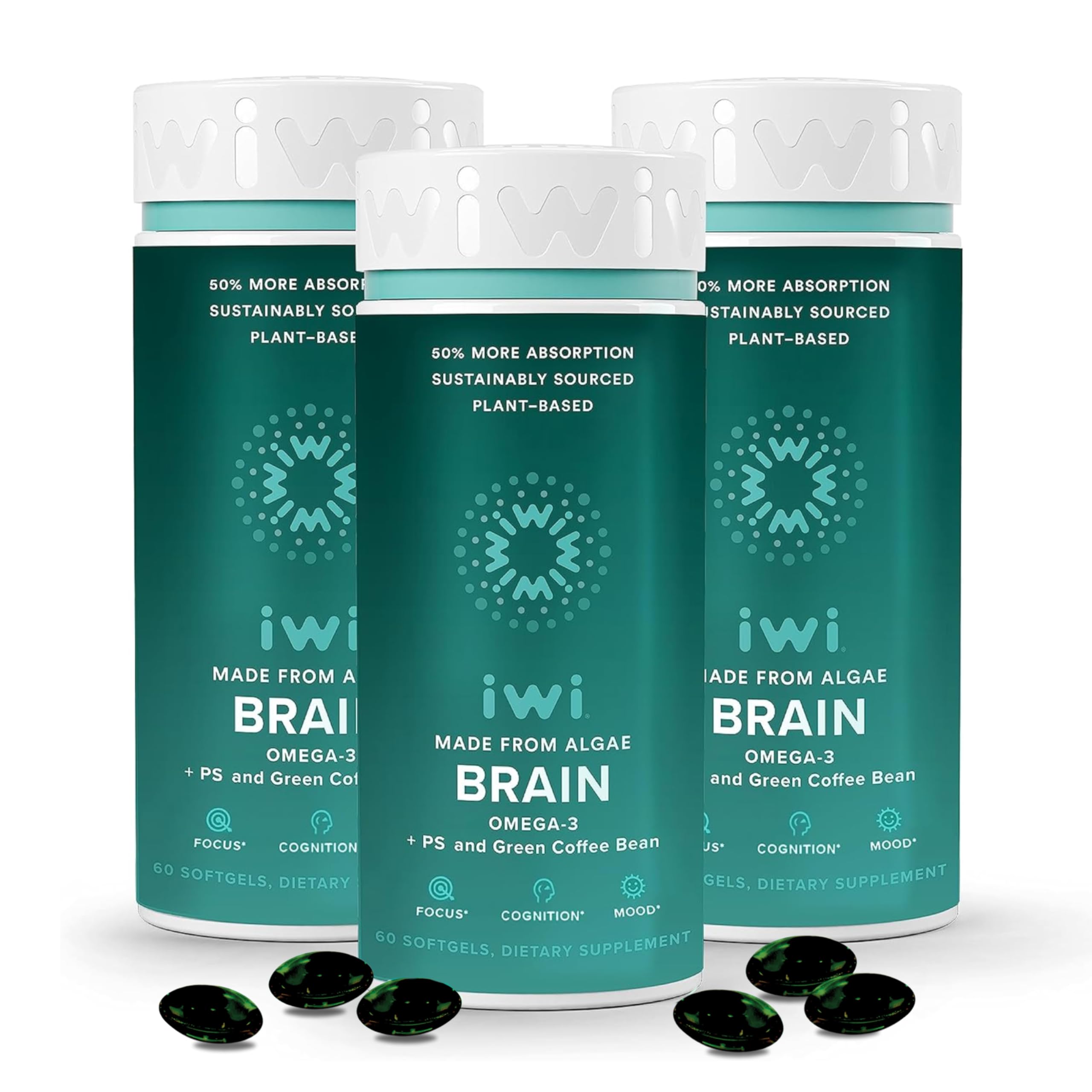 iwi life Brain Omega-3, 180 Softgels (90 Servings), Vegan Plant-Based Algae Omega-3 with EPA + DHA, Focus, Memory and Mood Support Dietary Supplement, Krill & Fish Oil Alternative, No Fishy Aftertaste