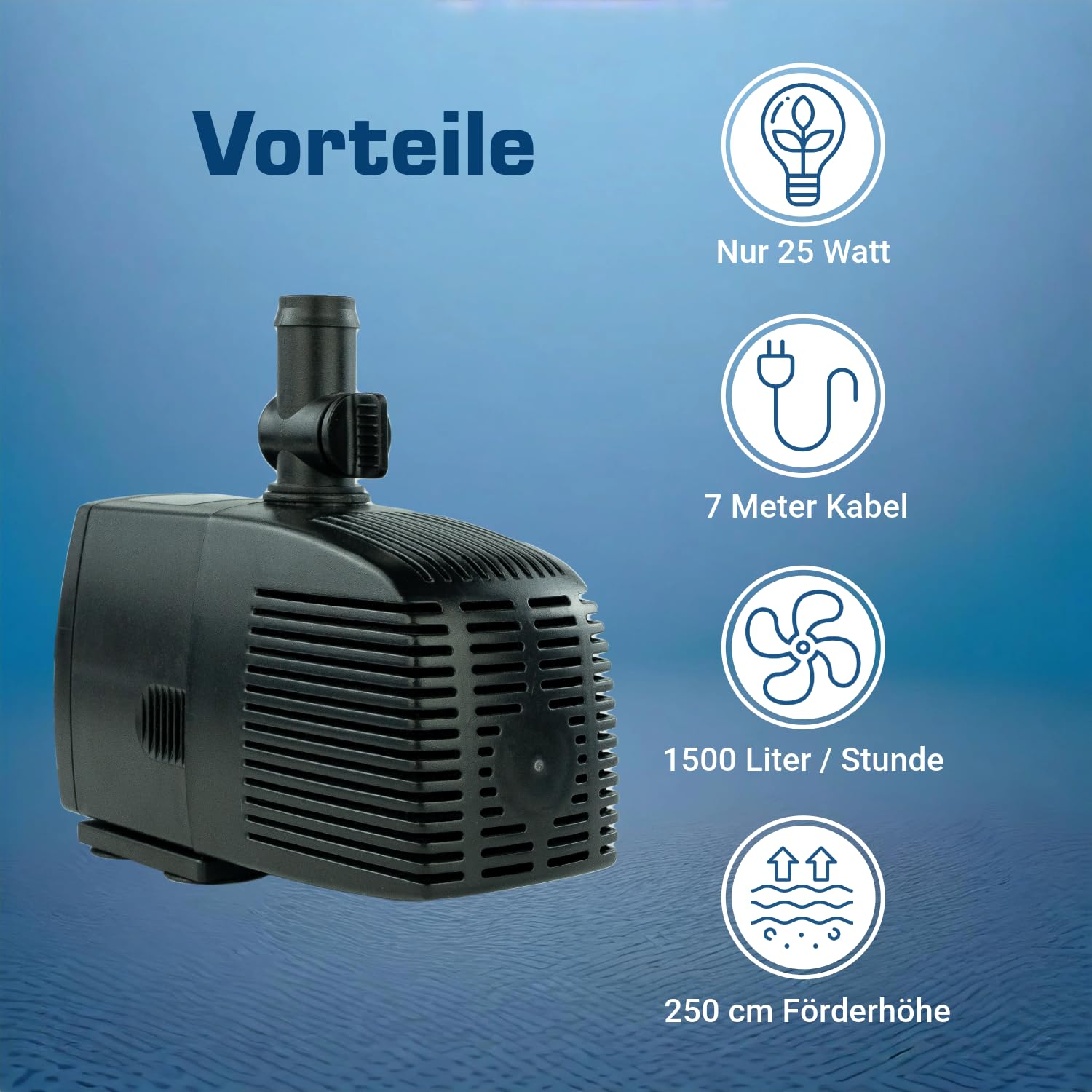 Teichpumpe 12 V – 1.500 L/H, 25 Watt, 10m Kabel, 250 cm Förderhöhe, Wasserpumpe, Aquariumpumpe, Wasserspielpumpe und Zimmerbrunnen-Pumpe | Brunnenpumpe | Tauchpumpe | Springbrunnen-Pumpe | KEP1500L