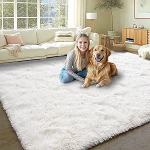 KING DARE 6x9 Area Rugs for Living Room Cream White Rug, Fluffy Shaggy Fuzzy Plush Furry Large Floor Carpet, Anti-Slip Washable Modern Soft Rug for Bedroom Girls Boys Room Indoor