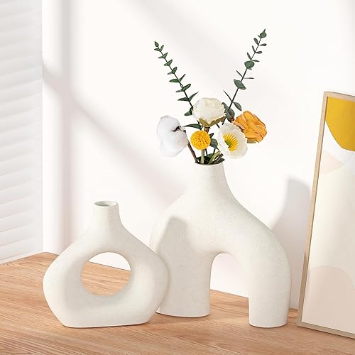 Miniatura 2 de Juego de 2 jarrones de cerámica blanca, jarrones de hierba de las pampas para decoración del hogar, jarrones redondos mate boho para flores, jarrón