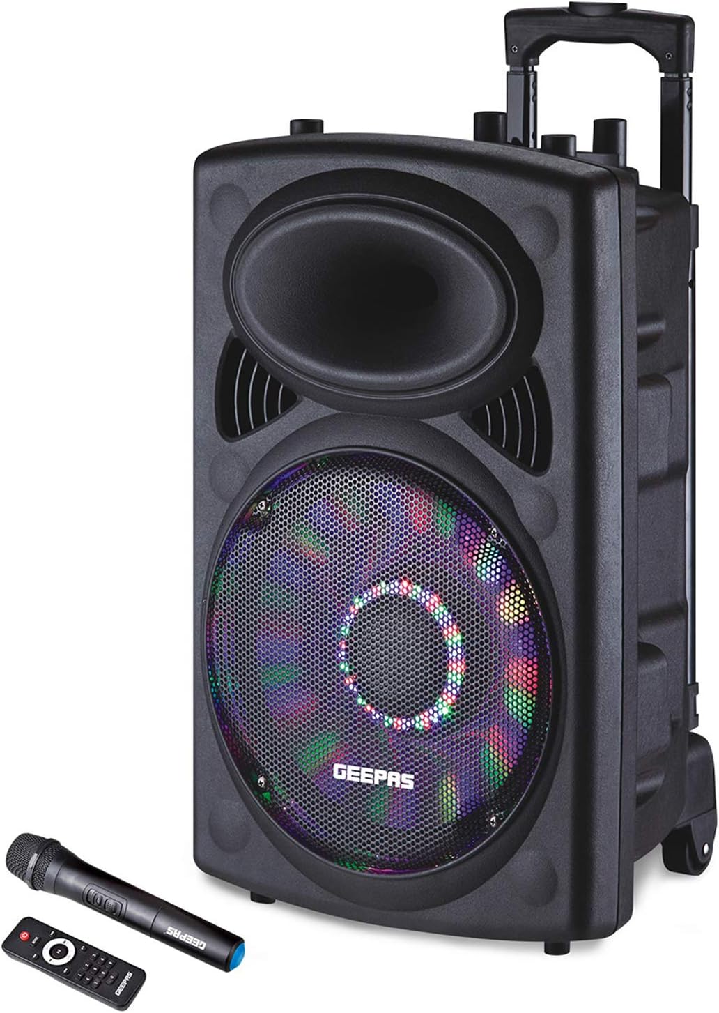 Geepas GMS8519 Rechargeable Trolley Bluetooth Speaker 40000W | 12" Woofer | with Wireless Microphones & LED Lights GMS8519 Geepas