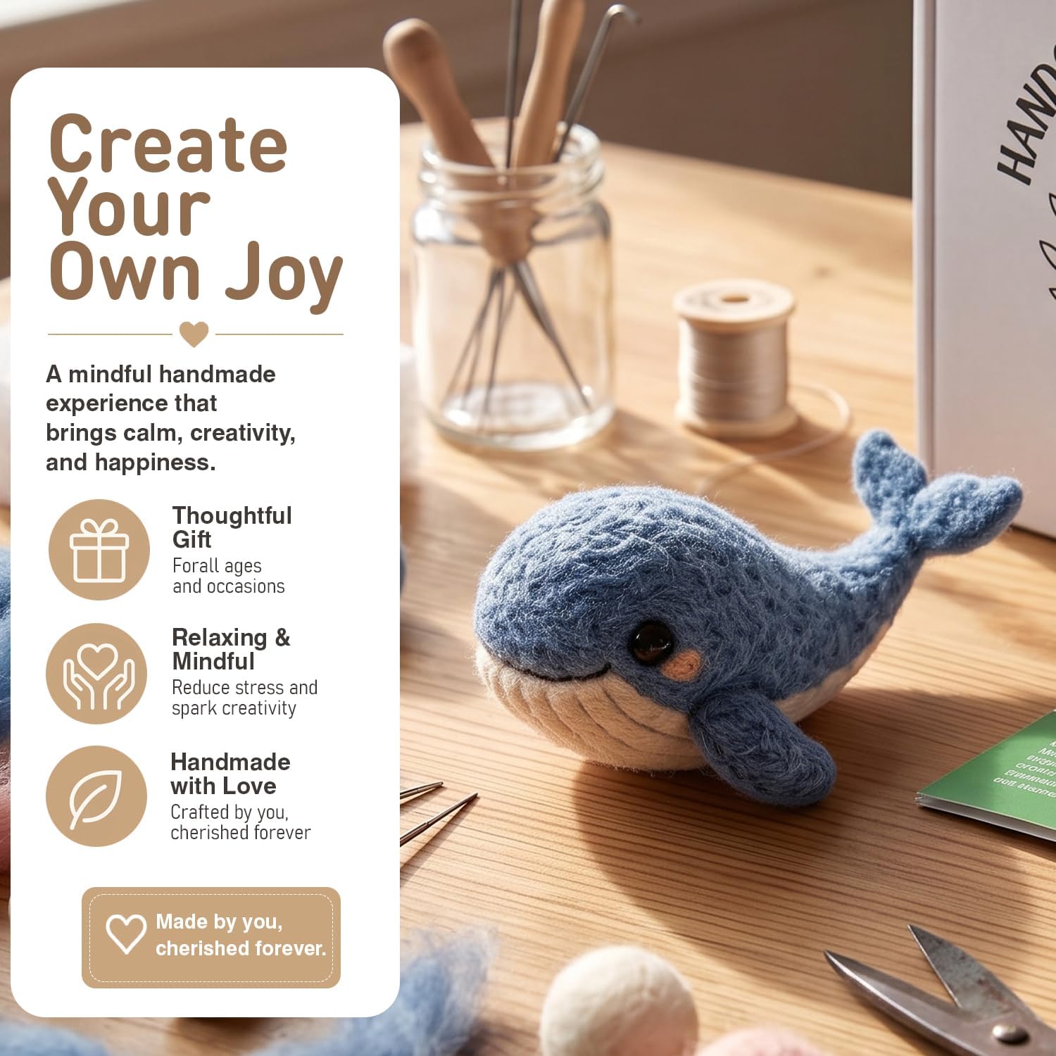 FACE N FACE DIY Needle Felting Kit Cute Blue Whale – Needle Felting Starter Kit with Fiber Roving, Needles, Felting Pad & Instructions | Felted Ocean Animal Kit for Beginners Adults | DIY Craft Gift