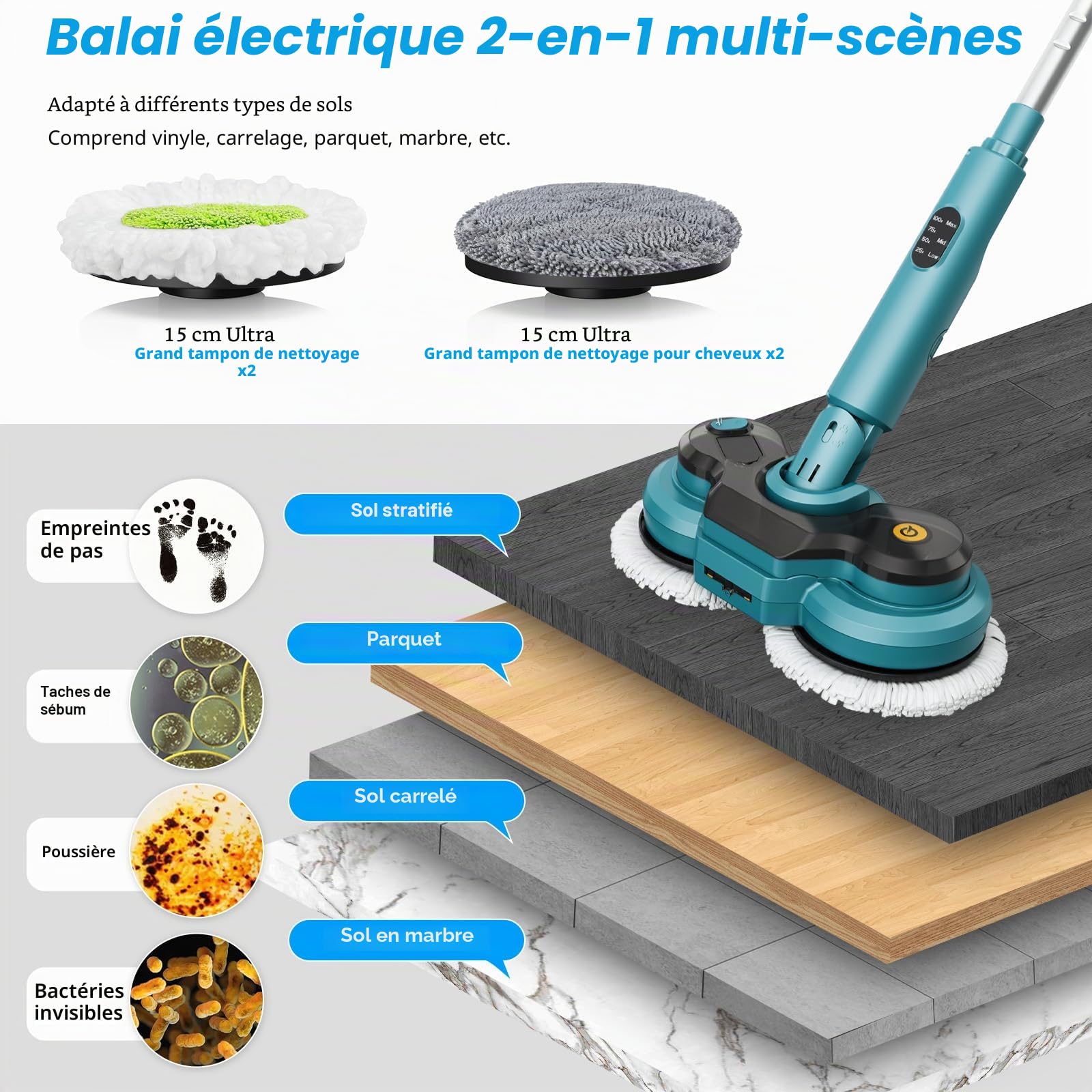 Balai Électrique Sans Fil avec 2 Batteries de 2000 mAh, Balai à Double Rotation avec Pulvérisateur/Phare LED/ Écran Intelligent,Serpillere Electrique avec Réservoir d'eau de 300 ML Pour Sols Multiples