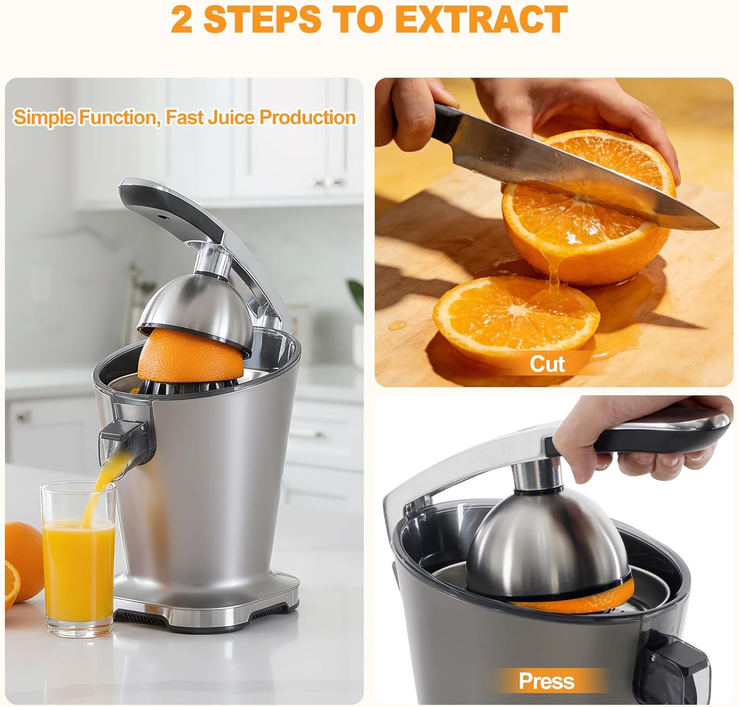 NEWBULIG Electric Citrus Juicer, Automatic Orange Juicer Squeezer with Soft-Grip Handle, Orange Juice Extractor Machines for Lemon Lime Grapefruit, Auto Shut-Off & Dishwasher Safe Parts, Silver