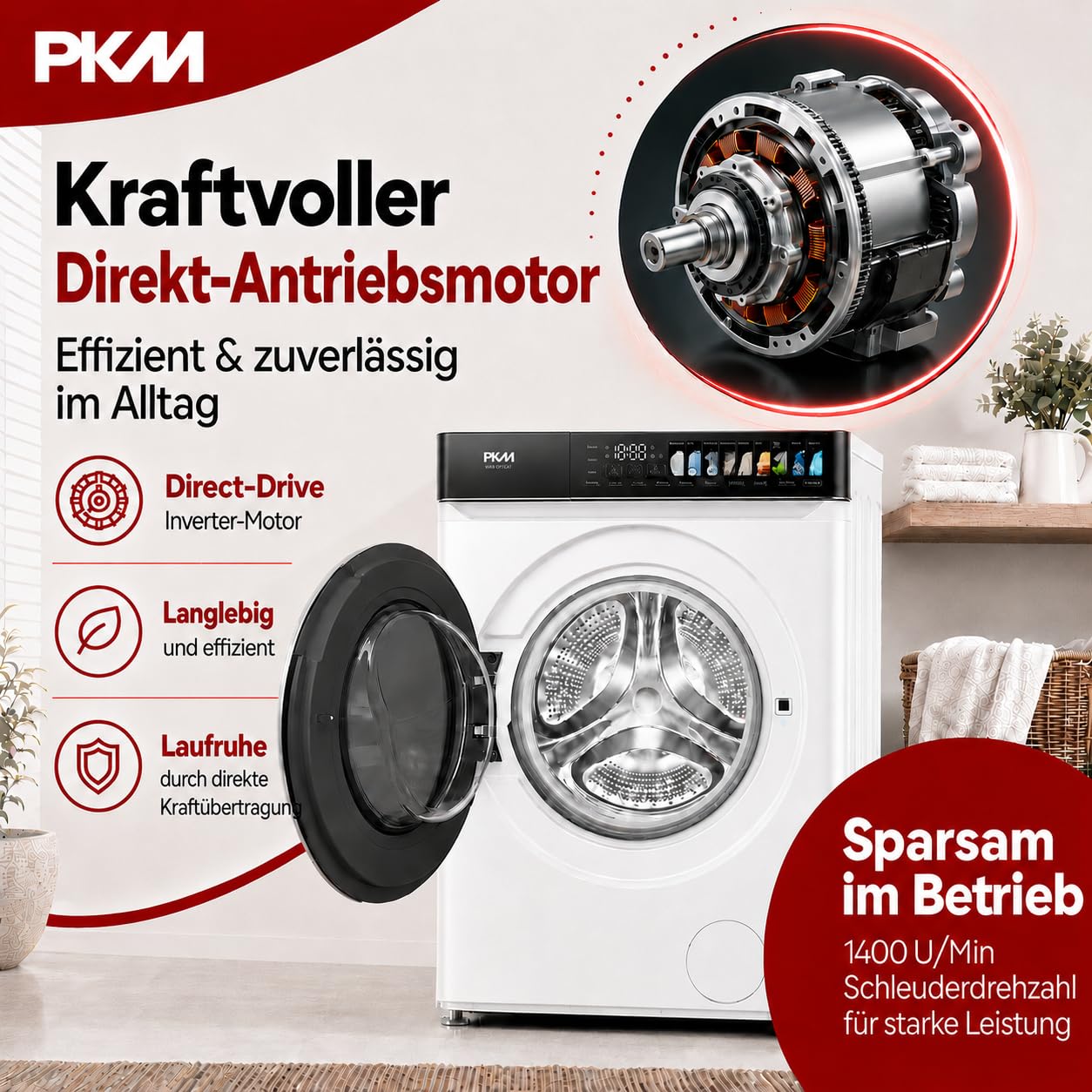 PKM Waschmaschine WA9-12TCAT - Energieeffizienzklasse A, Großes Touch-Display, Steam Funktion, AquaStop, 12 Programme