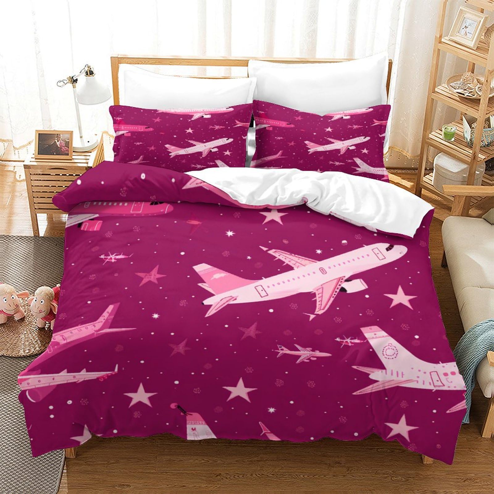 P1S9U7W5Y Midnight Airplane 3D Printed Duvet Cover Set 3pcs Microfiber Aviation Bedding Set Double（200x200cm）
