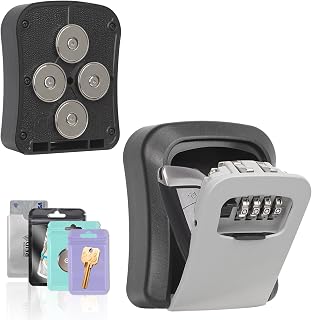 Magnetic Key Holder Under Car, Hide a Key Outside with Combination Lock Box, Resettable Safe Security Code Lockbox with 4 Strong Magnets, Anti-drop Magnetic Box for Under Car, Indoor, Outdoor (Grey)