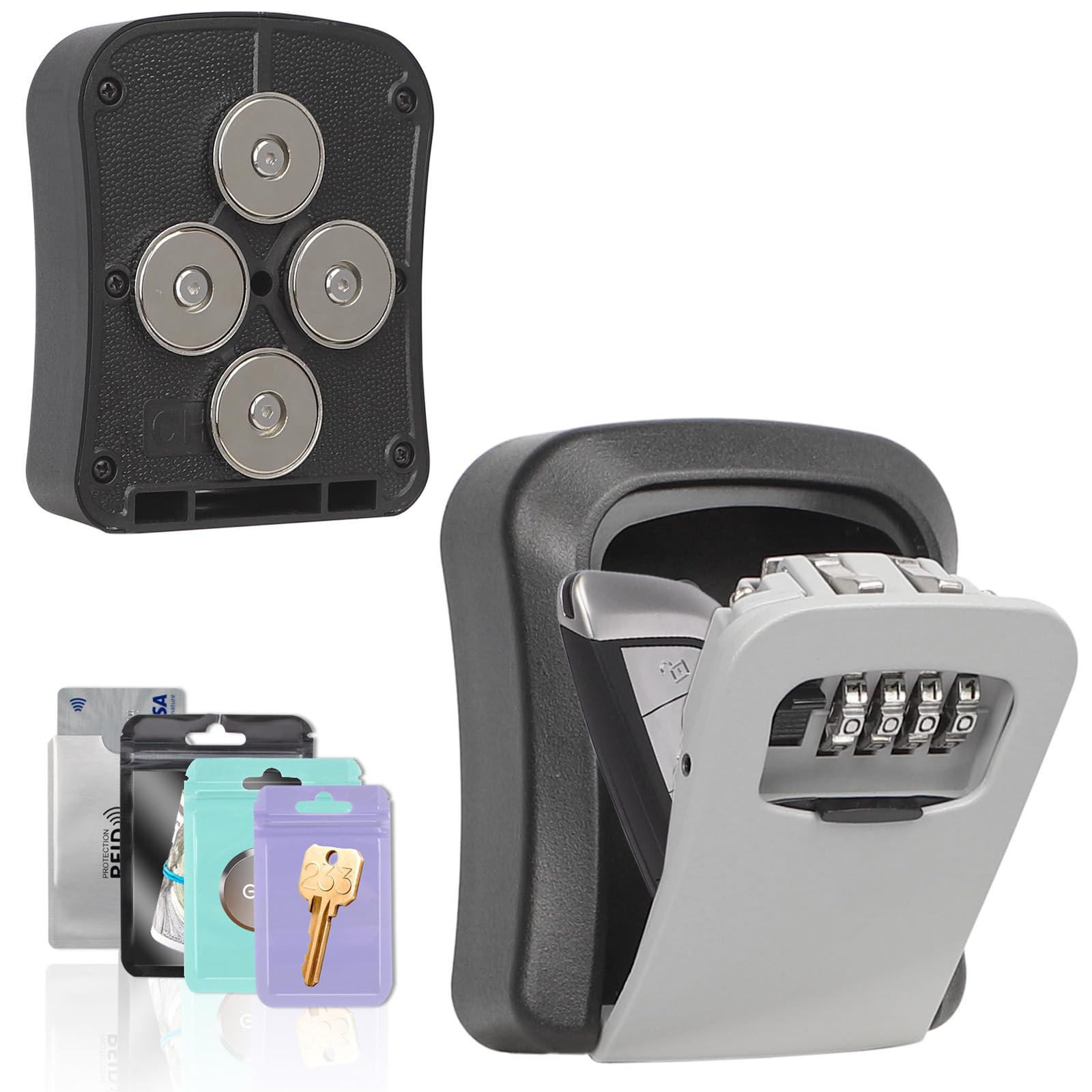 Magnetic Key Holder Under Car, Hide a Key Outside with Combination Lock Box, Resettable Safe Security Code Lockbox with 4 Strong Magnets, Anti-drop Magnetic Box for Under Car, Indoor, Outdoor (Grey) — image 1