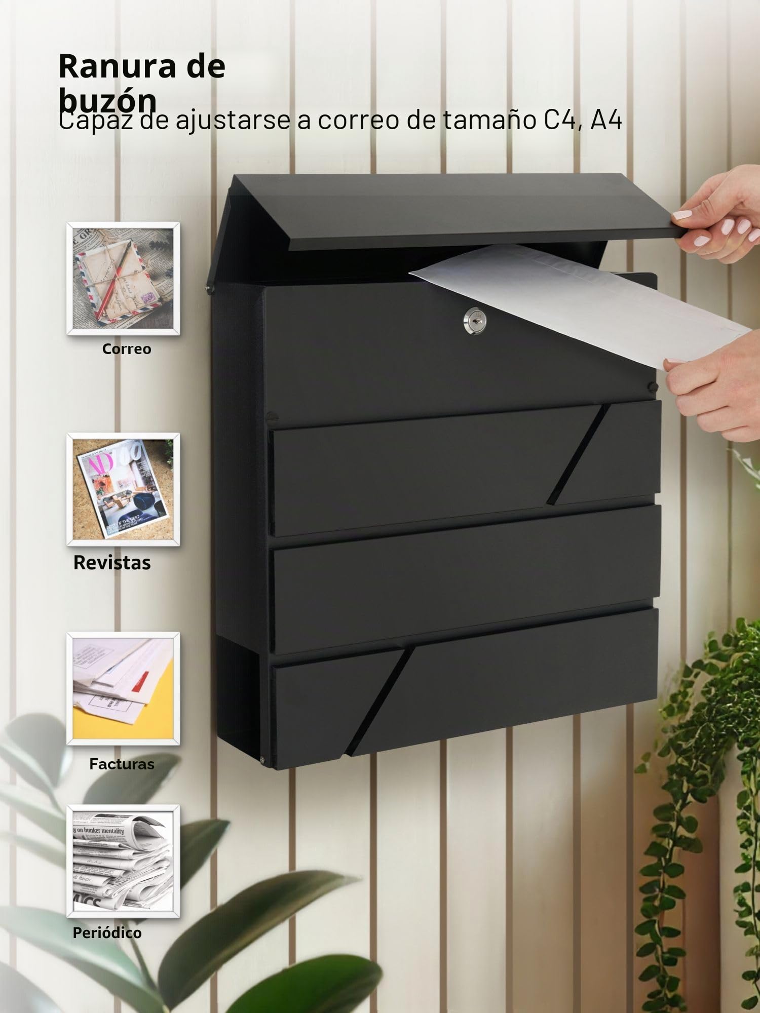 Assorted Collections Buzón de Pared con Soporte para periódicos, buzón de Correo con Cerradura y 2 Llaves, diseño Moderno, fácil de Instalar 37x10.5x37 cm (Negra)