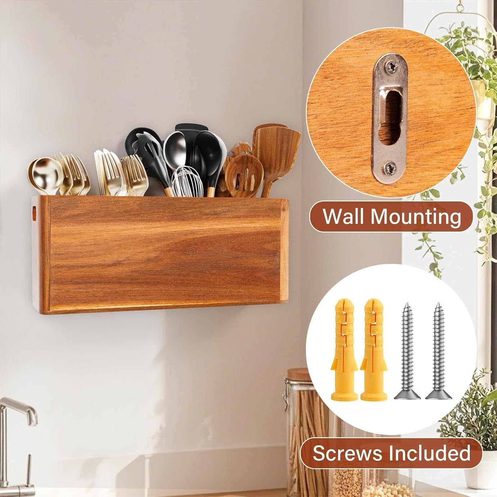 Porta Utensili da Cucina | Organizzatore Per Manici Con Fori Di Asciugatura | Supporto Per Utensili In Legno Per - Per Posate, Cucchiai, Spatole, Casa, Appartamento E Ristorante