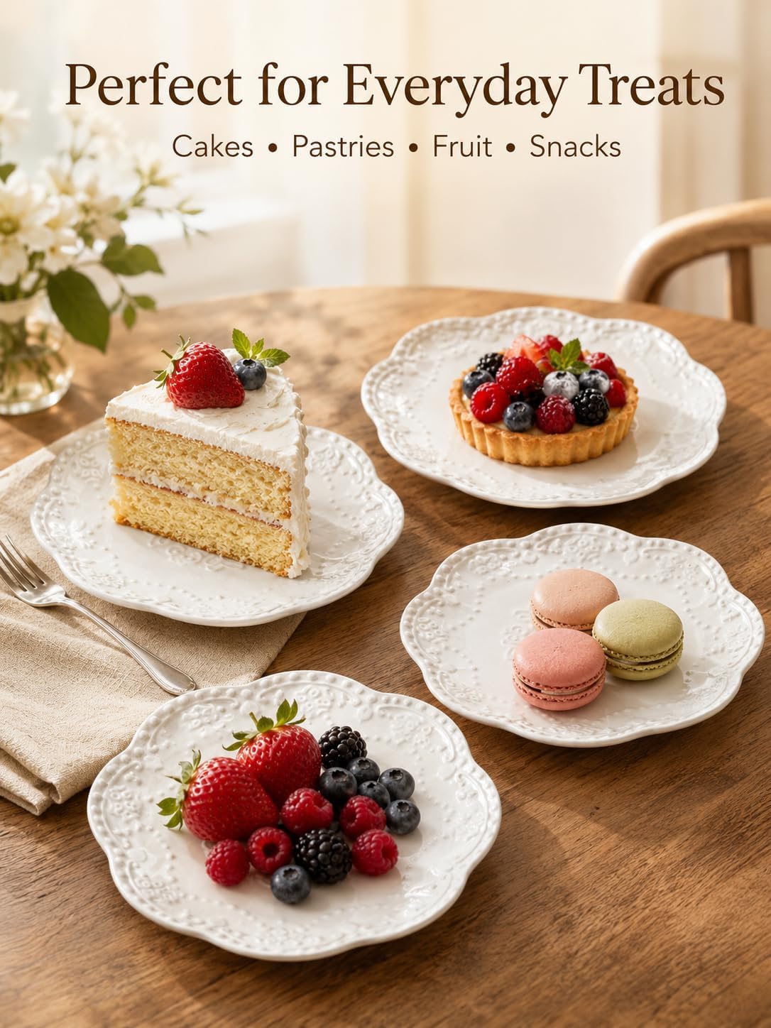 White Small Dessert Plates Set of 4,Ceramic Dinner Plates 6 Inch for Appetizer, Fruits, Cake, Salad,Microwave Safe,Christmas Gift