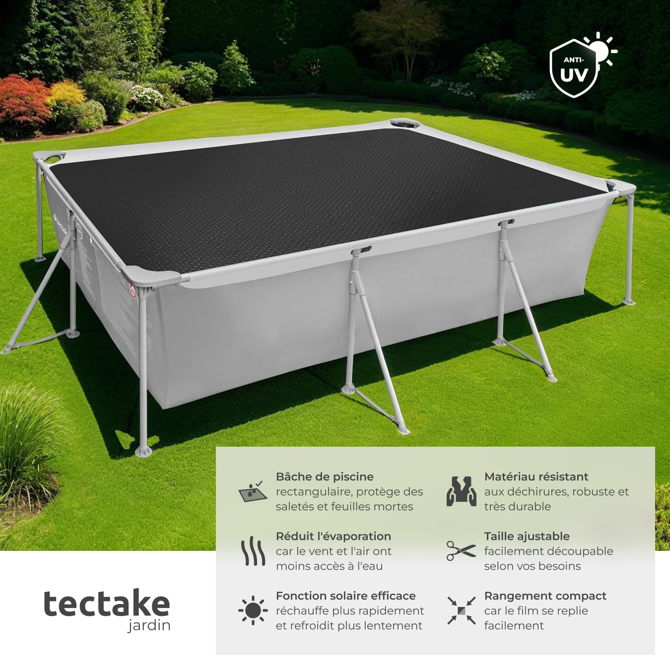 tectake® Bâche chauffante Piscine Rectangulaire 5x8 m Noir Bâche de Protection & Chauffage Piscine Hors Sol Spa Piscines tubulaires, Adaptable à la Taille souhaitée, Chauffage Solaire