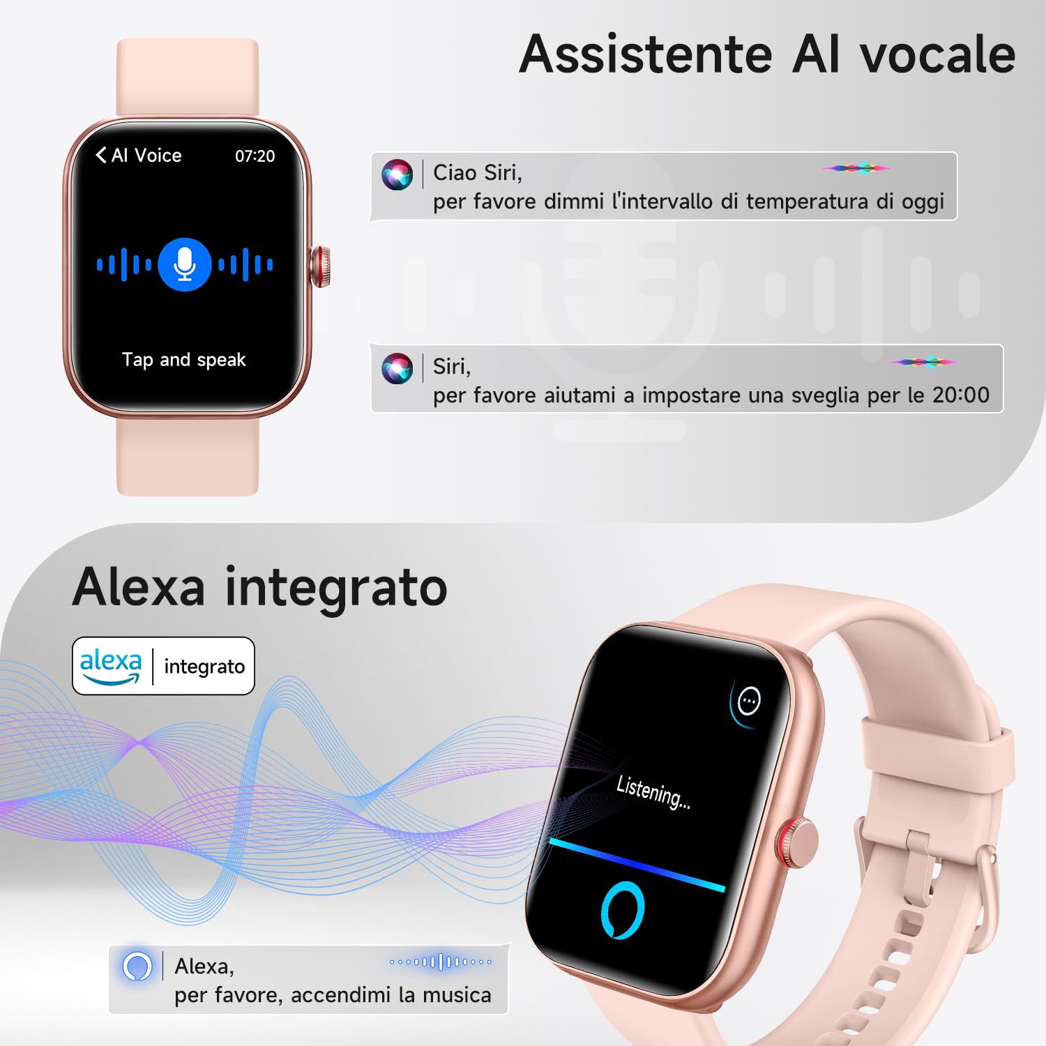 WMK Smartwatch Donna Orologio Fitness con Rispondere effettuare Chiamate Cardiofrequenzimetro Sonno Alexa AI SpO2 Contapassi-IP68 Smart watch donna con 110+ Sportive Giochi per iOS Android(Rosa)