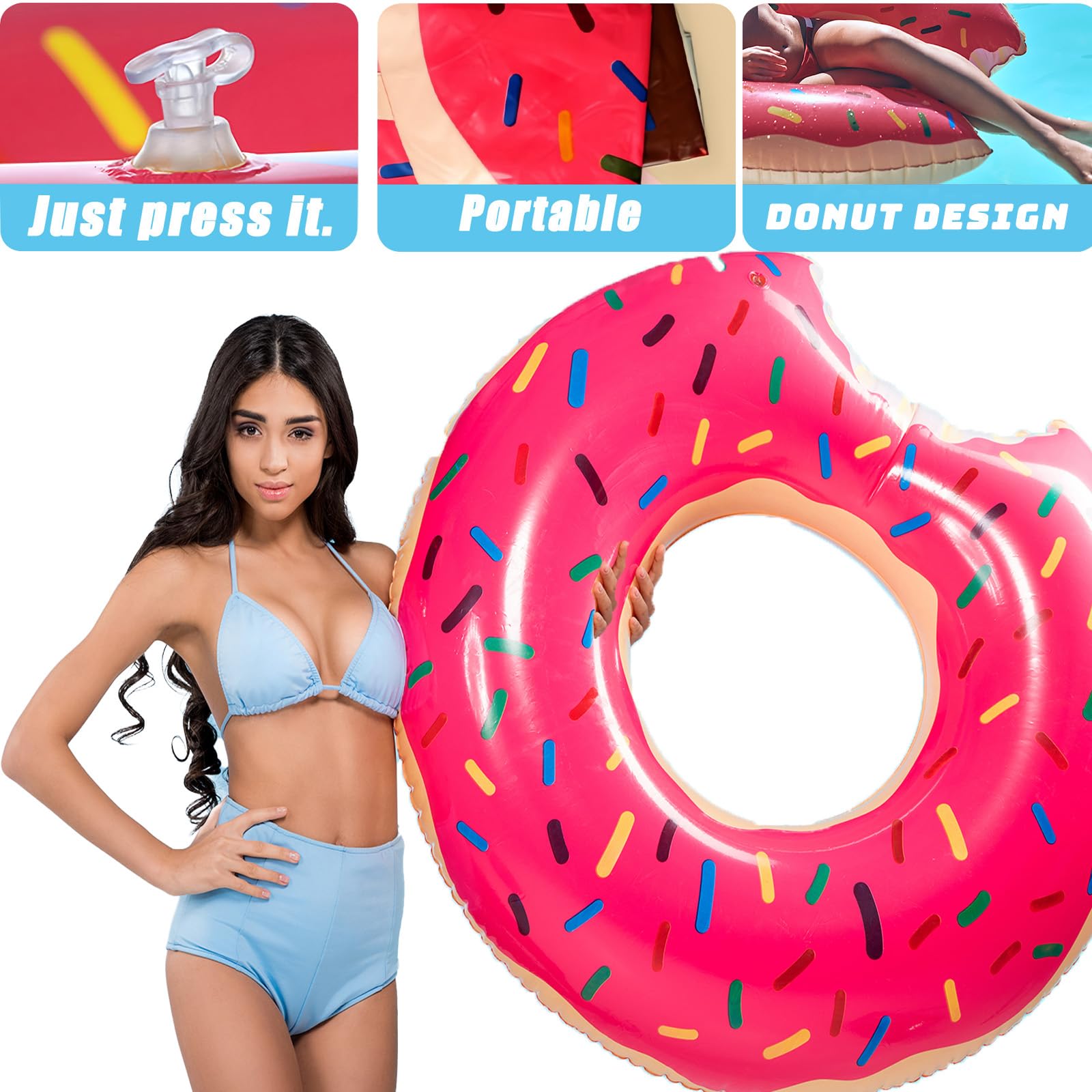 Pool Inflatables Donut Swimming Rings for Adult,Doughnut Inflatable Ring Pool Floats Rubber Ring for Adult,Swim Tubes Rings for Women Men Summer Beach Pool Party Water Sport (Pink) - Image 3