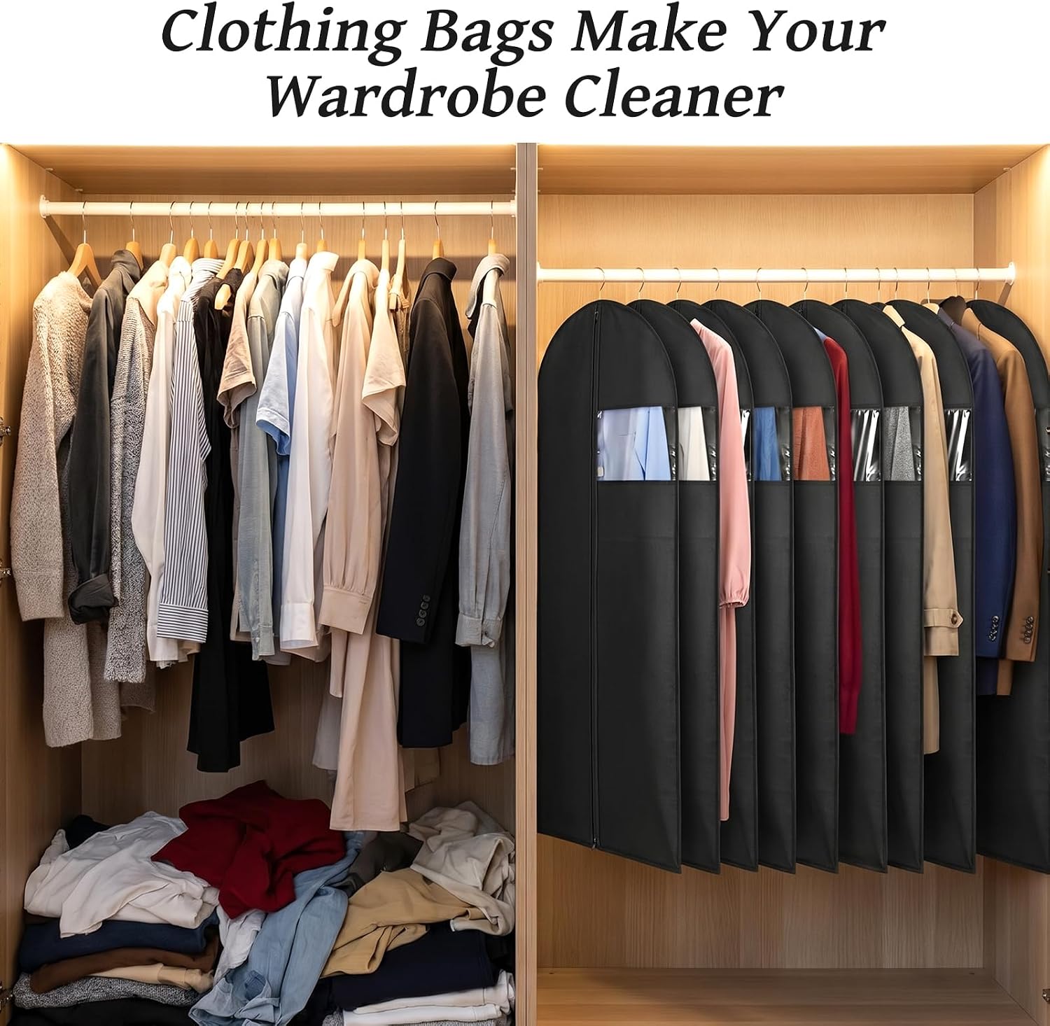 10 Packs 47'' x 24' Garment Bags with Clear Window and Smooth Zipper, Black