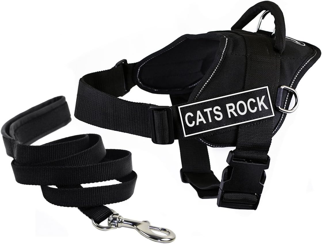 Dean & Tyler Bundle X-Small Black DT Fun Cats Rock Reflective Harness with "Padded Puppy" Leash and 6-Feet Stainless Steel Snap
