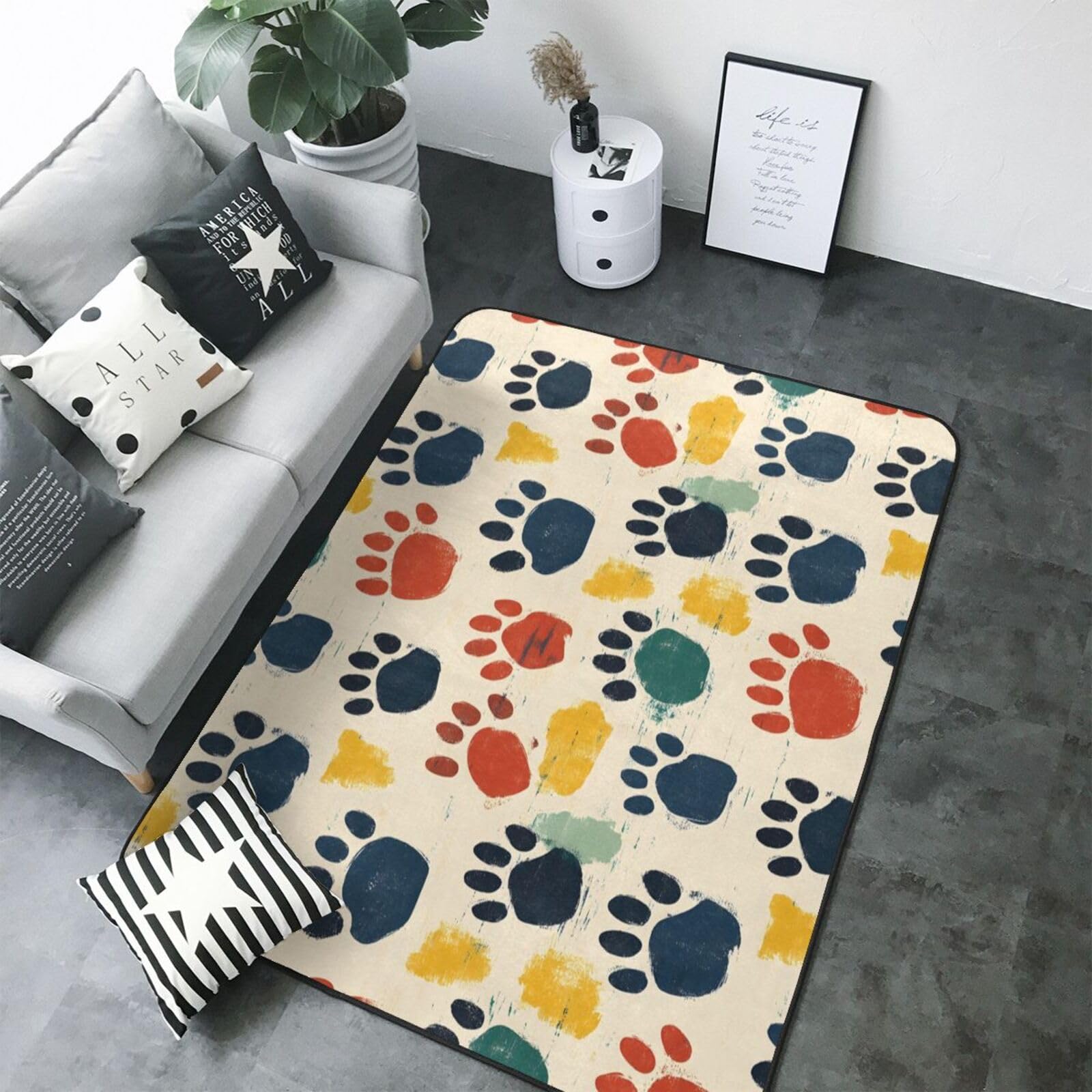 Grand tapis pour salon 203x147 cm imprimé pattes de chien colorées lavable et antidérapant