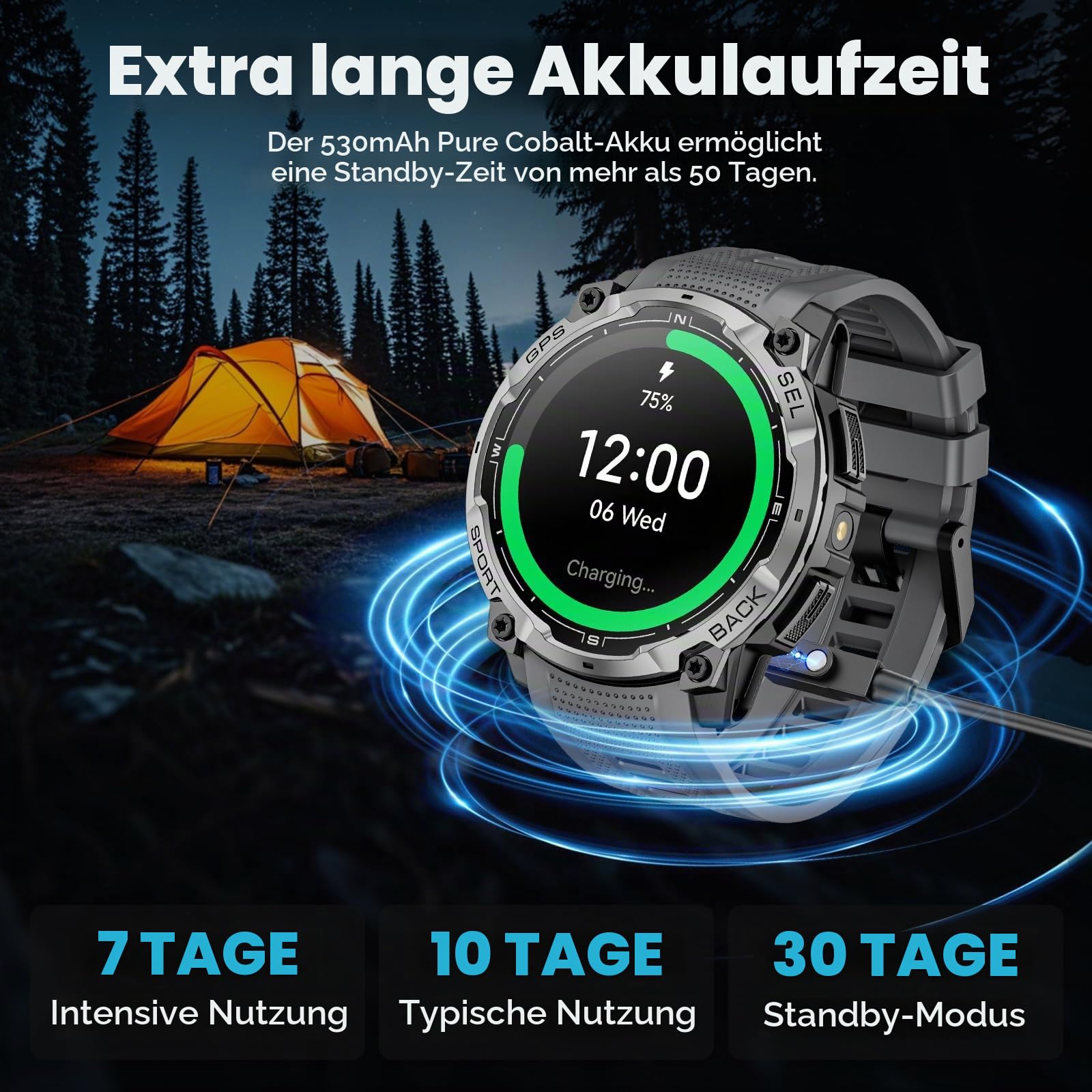 Militär Smartwatch Herren mit GPS, 1,43" AMOLED HD Fitnessuhr mit Bluetooth Anrufe, LED Taschenlampe, Kompass, 100+ Sportmodi, 3ATM Wasserdicht, Herzfrequenz, Smart Watch für iPhone Android