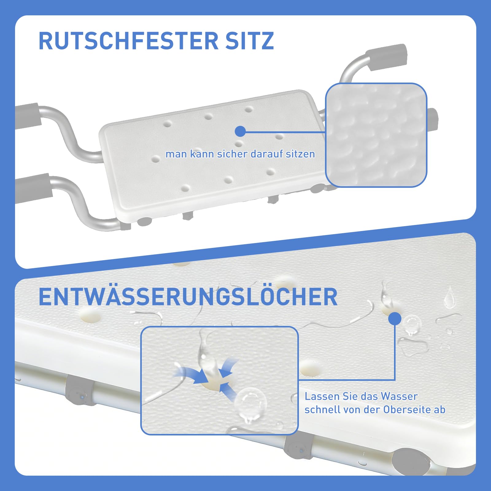 Badewannensitz Senioren Grau mit rutschfesten Auflagen & verstärktem Aluminiumrohr – Stabiles Badewannenbrett bis 120 kg, Verstellbar 71–81 cm