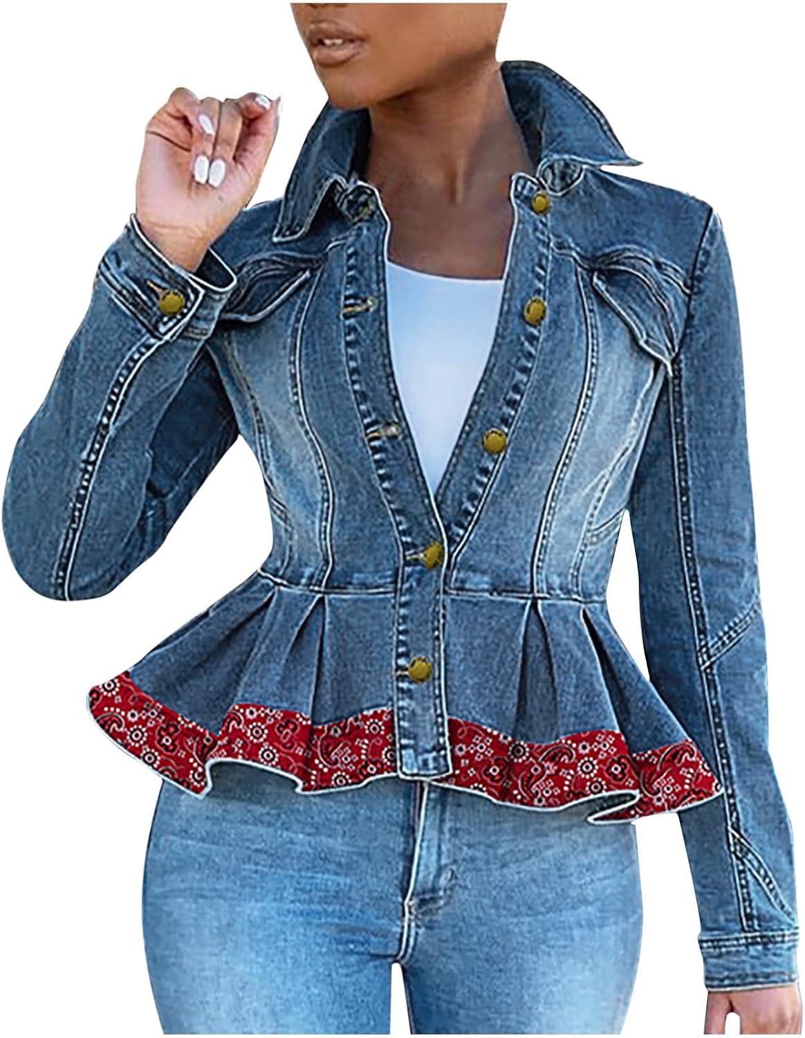 Womens Ruffle Denim Jacket Casual 