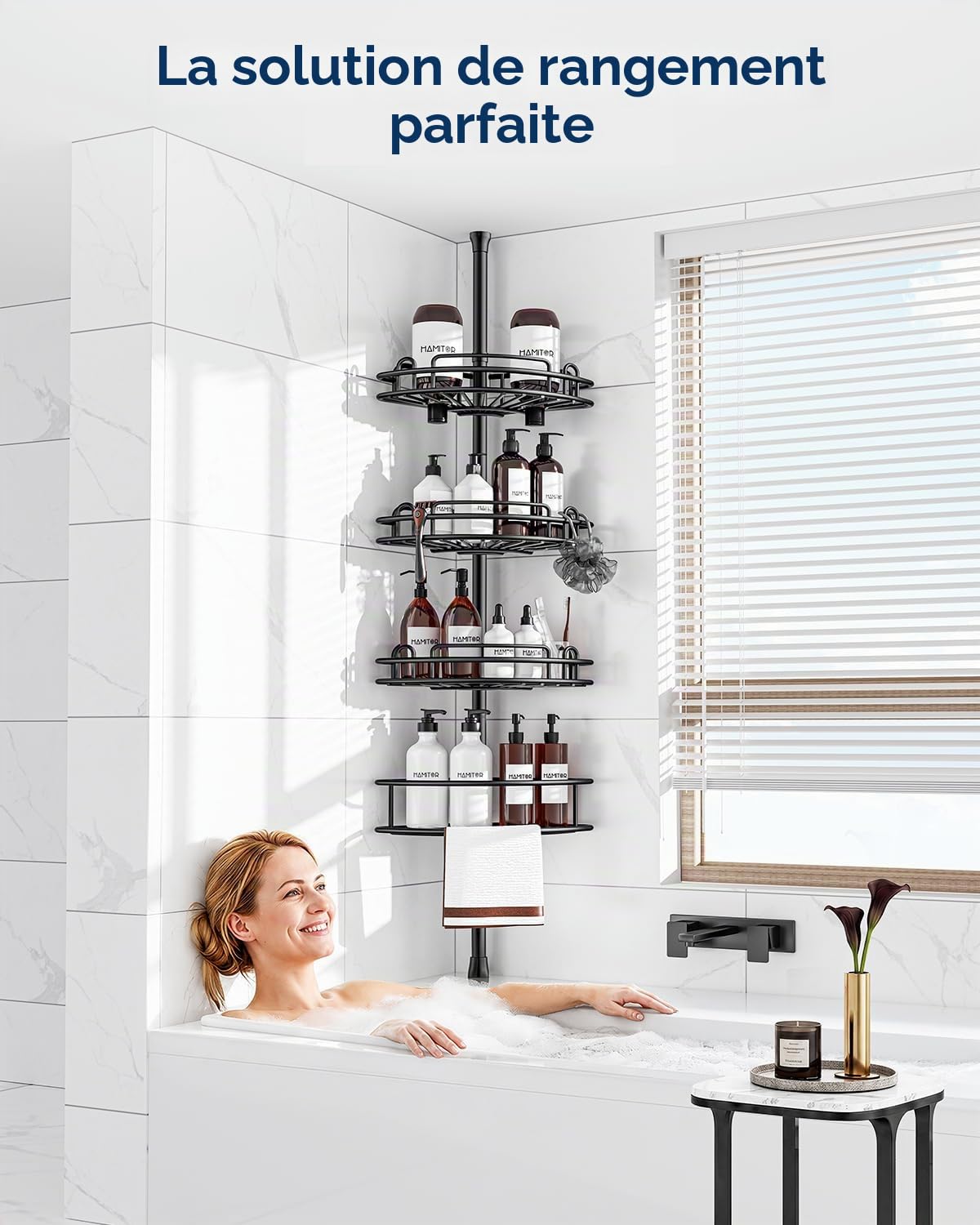 HAMITOR Etagere Douche Telescopique Angle: 4 Etages en Metal Etagere Salle de Bain sans Percage, Bathroom Rangement pour Shampoings, Savons & Gels de Douche — Longueur Reglable 121-314 cm, Noire