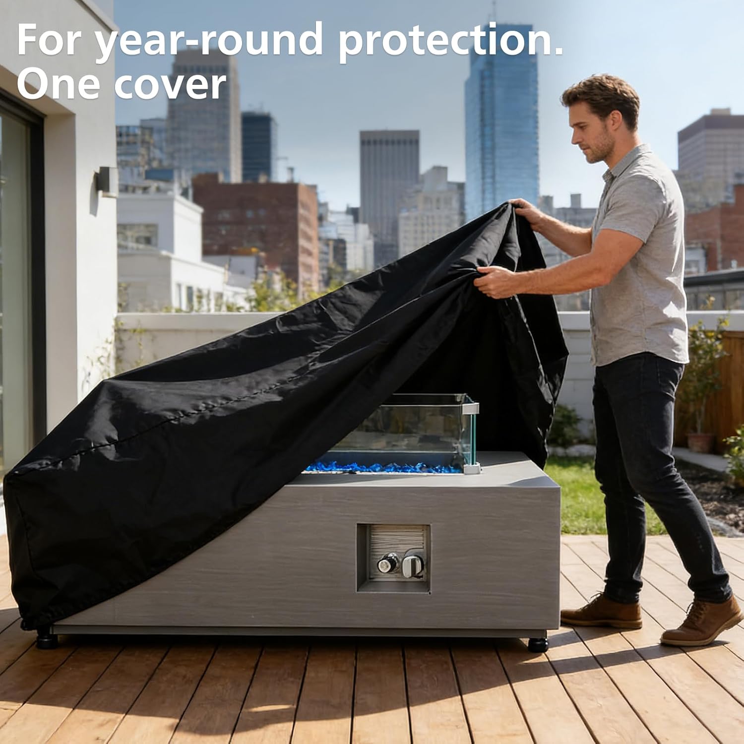 TheElves Fire Pit Table Cover Rectangular, 60in Firepit Covers Rectangular Waterproof Heavy Duty for 58-60 Inch Propane Firepits, Gas Firepits, Fireplace, Fire Pit Table, Outdoor Tables - 60x29x29 in