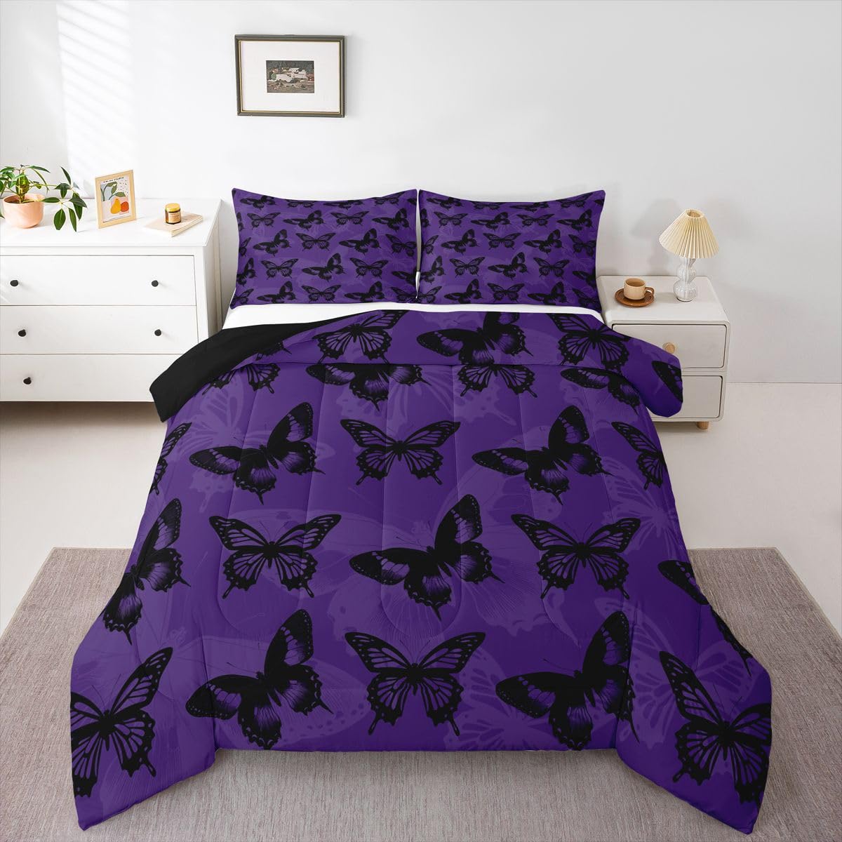 Castle Fairy Butterfly Full Size Comforter Set,Retro Butterflies Silhouette Animal Reversible Bedding Set Bedroom Collection,Gothic Style Purple Black Soft Quilted Duvet for Girls Teens