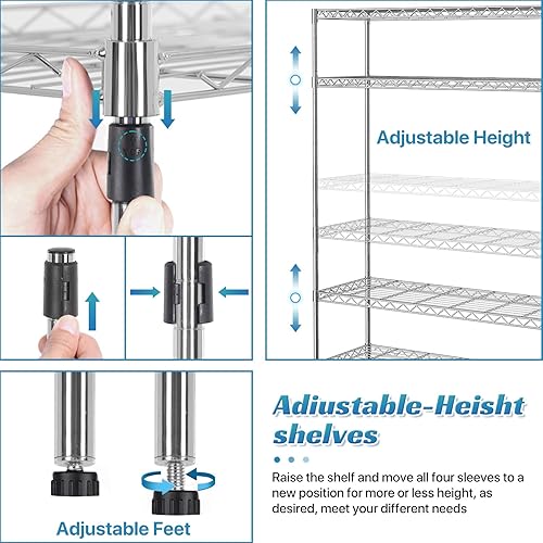 Miniatura 5 de Estantería metálica de almacenamiento de 6 niveles de 208.8 cm x 121.92 x 45.72 cm, con ruedas, resistente estante con capa de acero, cromado, para