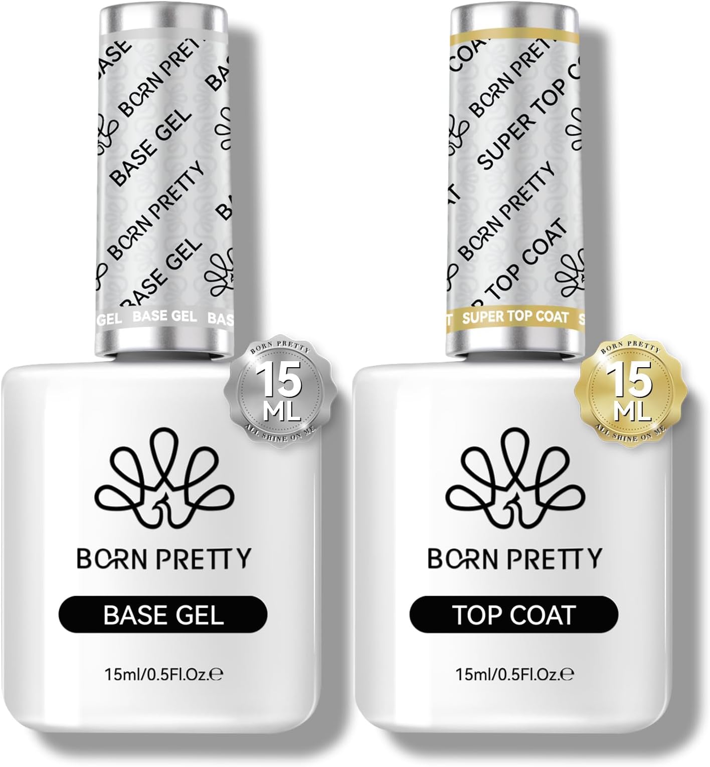 Born Pretty Top Coat Gel UV Set, 15 ml Shellac Base and Top Coat Set UV Base Coat Nail Polish No Wipe Base and Super Top Coat Gloss Finish for DIY and Nail Studio 2 Bottles