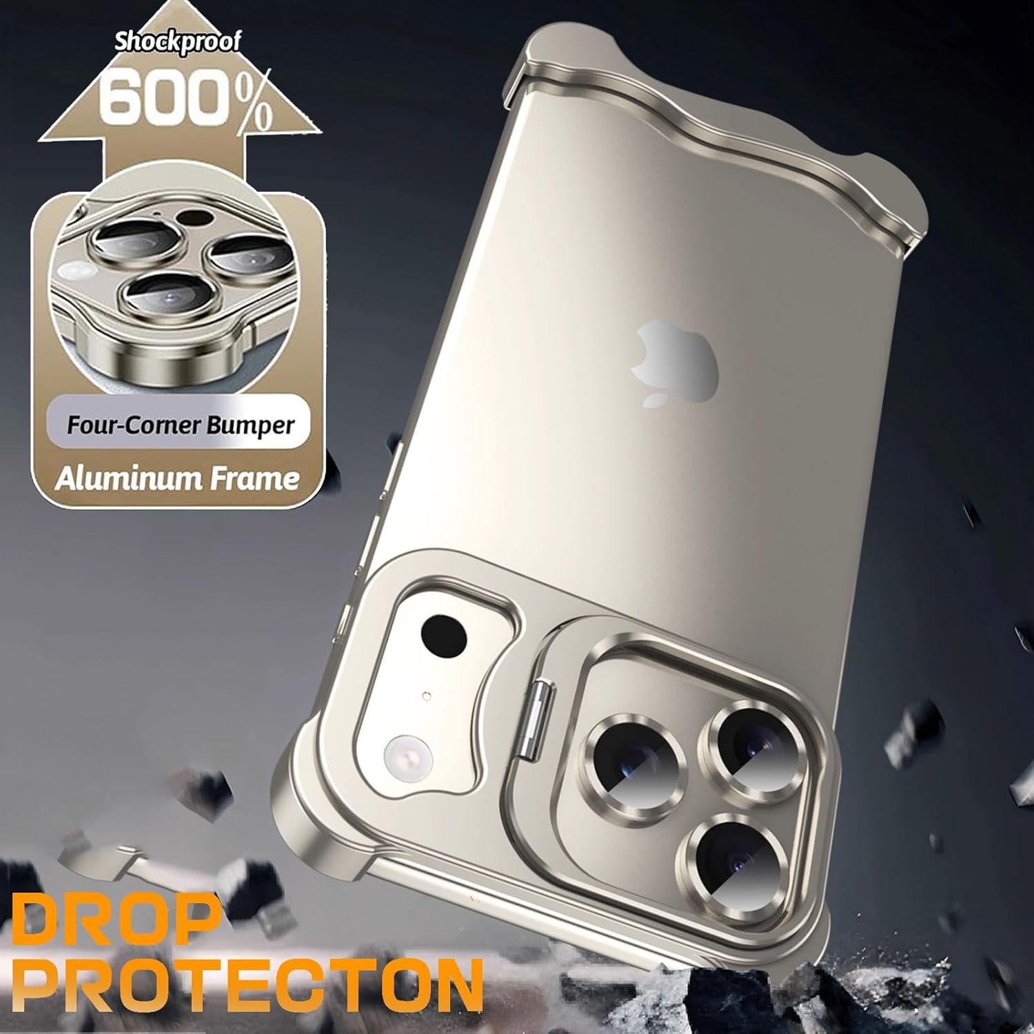 Metal Case for iPhone 17 Air, with Camera Lens Protector and Foldable Stand, Shockproof Frame Slim Fit Cover, Natural Titanium