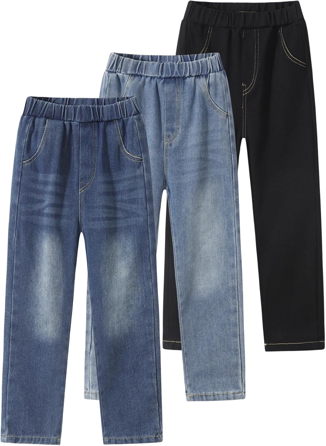 Boys Jeans 3 Pack Elastic Waist Kids Classic Jean Wide Straight Leg Stretch Denim Pants Size 3-12Years