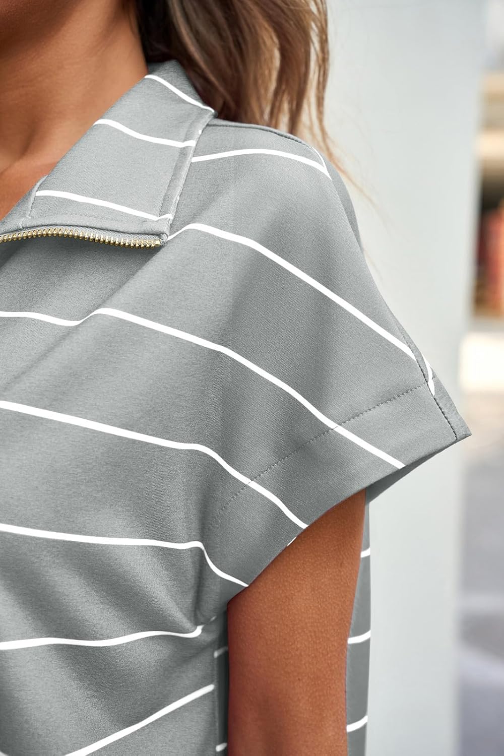 Fisoew Womens Summer 2 Piece Outfits Striped Short Sleeve Zipper Shirts Casual Shorts Loose Lounge Short Sets - Image 5