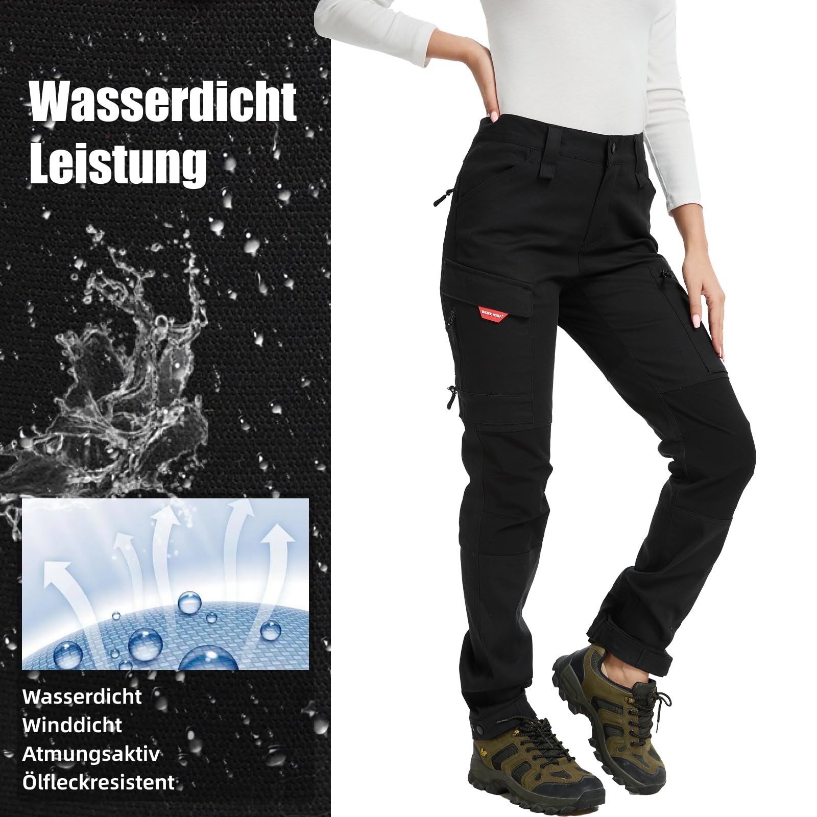 WORK IDEA Damen Wanderhose aus Baumwolle, Stretch-Slim Fit, wasserabweisend, verstellbare Hosenbeine, geeignet für Camping, Wandern & Gartenarbeit