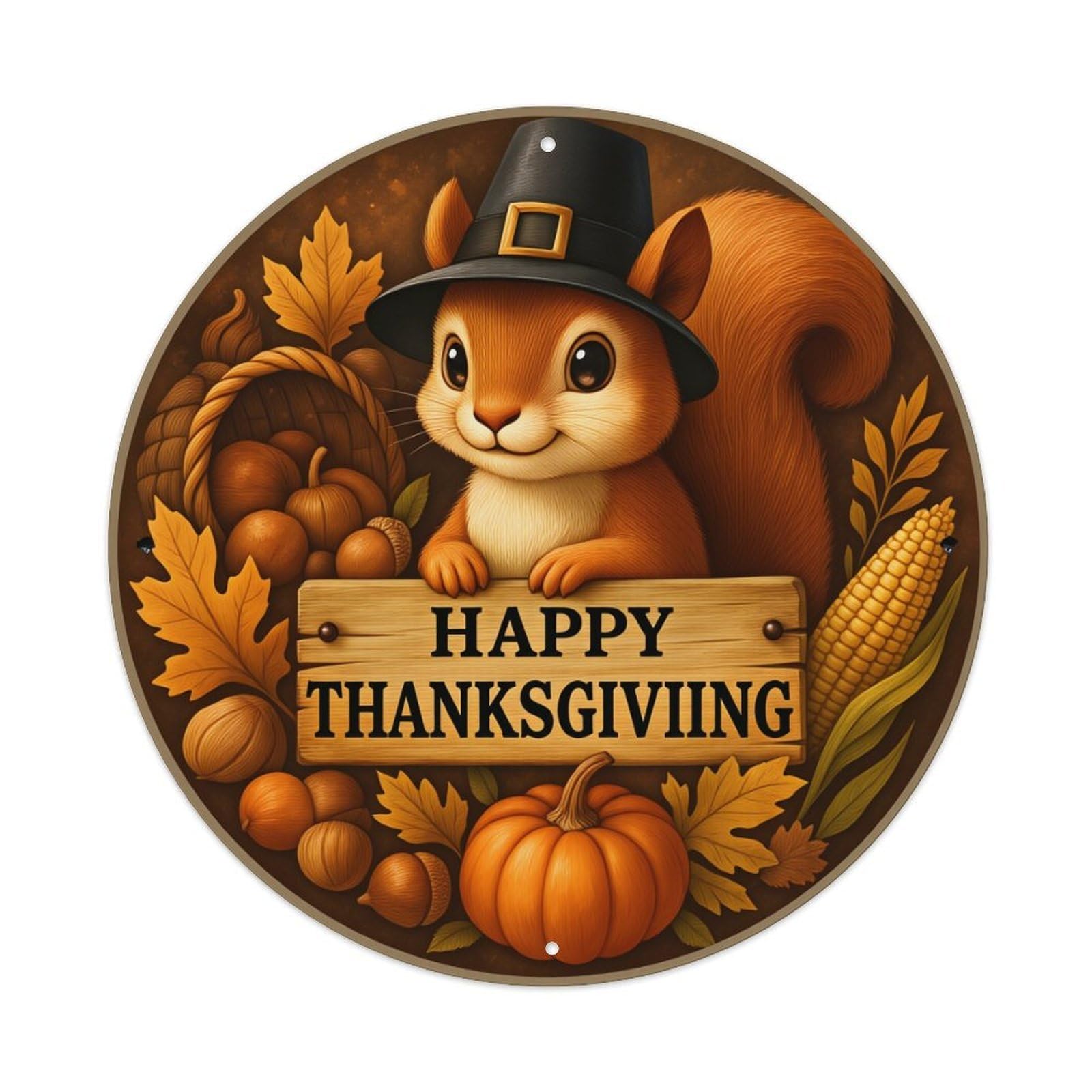 Squirrel Pilgrim Hat Autumn Harvest Round Tin Sign Retro Metal Sign for Cafe Bar Pub Home Game Room Gym Club Wall Decoration Vintage Metal Poster 8x8 Inch