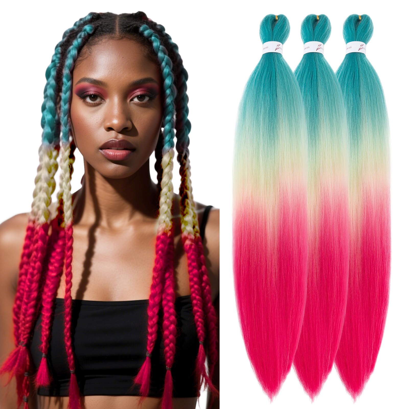 S-noilite Long EZ Braids Pre-Stretched Easy Braiding Hair Extensions for Crochet Box Twist Braids Ombre Yaki Texture Synthetic Hair Hot Water Setting,26 Inch 3 Packs 270g,Green to Blonde Rose Red