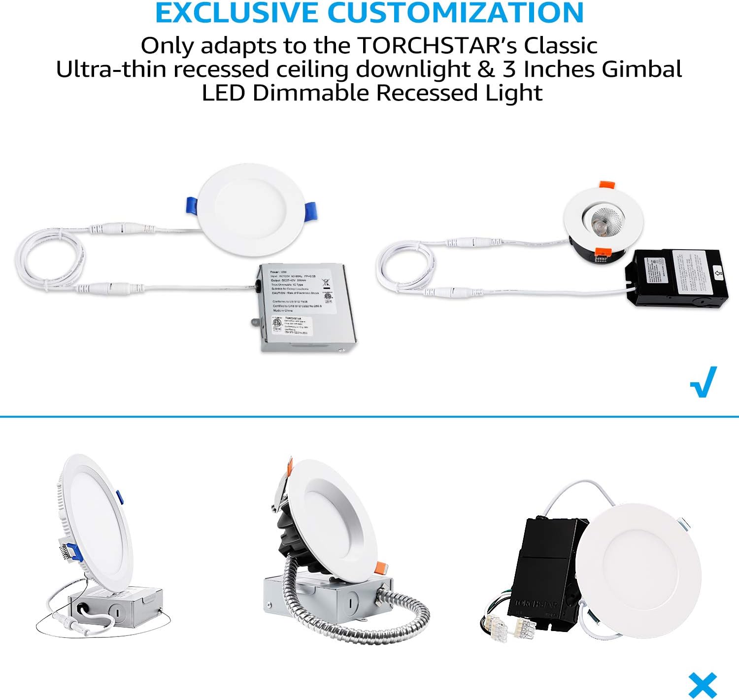 TORCHSTAR 4 Inch Ultra-Thin LED Downlight Bundle Extension Cable, 4-Pack Basic Series 10W 4 Inch Dimmable LED Recessed Ceiling Light, 4000K Cool White & 6-Pack 4ft UL Listed Interconnect Cord