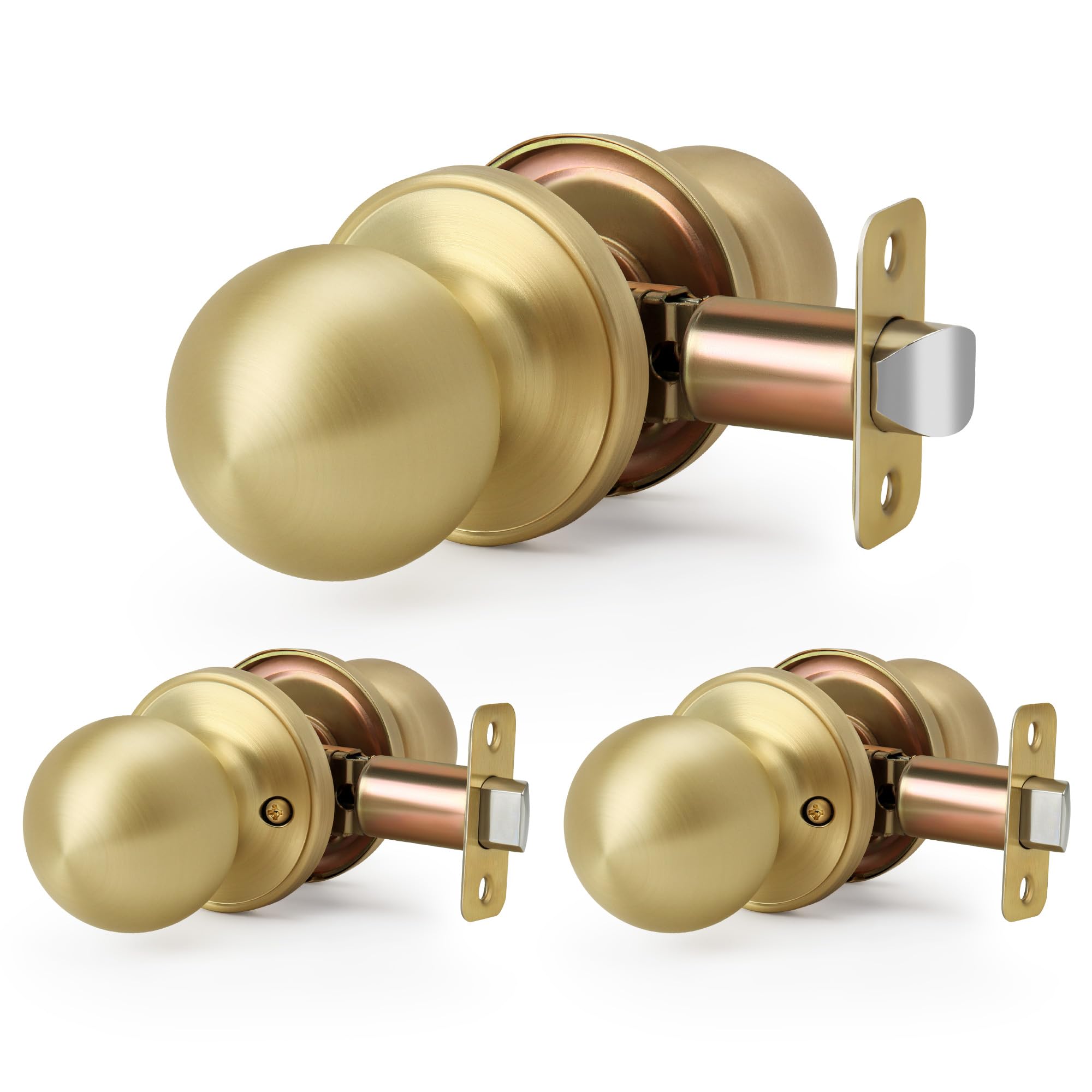 LOQRON Brushed Gold 3 Pack Wholesale Ball Design Door Knob No Lock, Passage Round Shaped Non-Locking Doorknob for Hallway/Closet, Satin Brass Finish — image 1