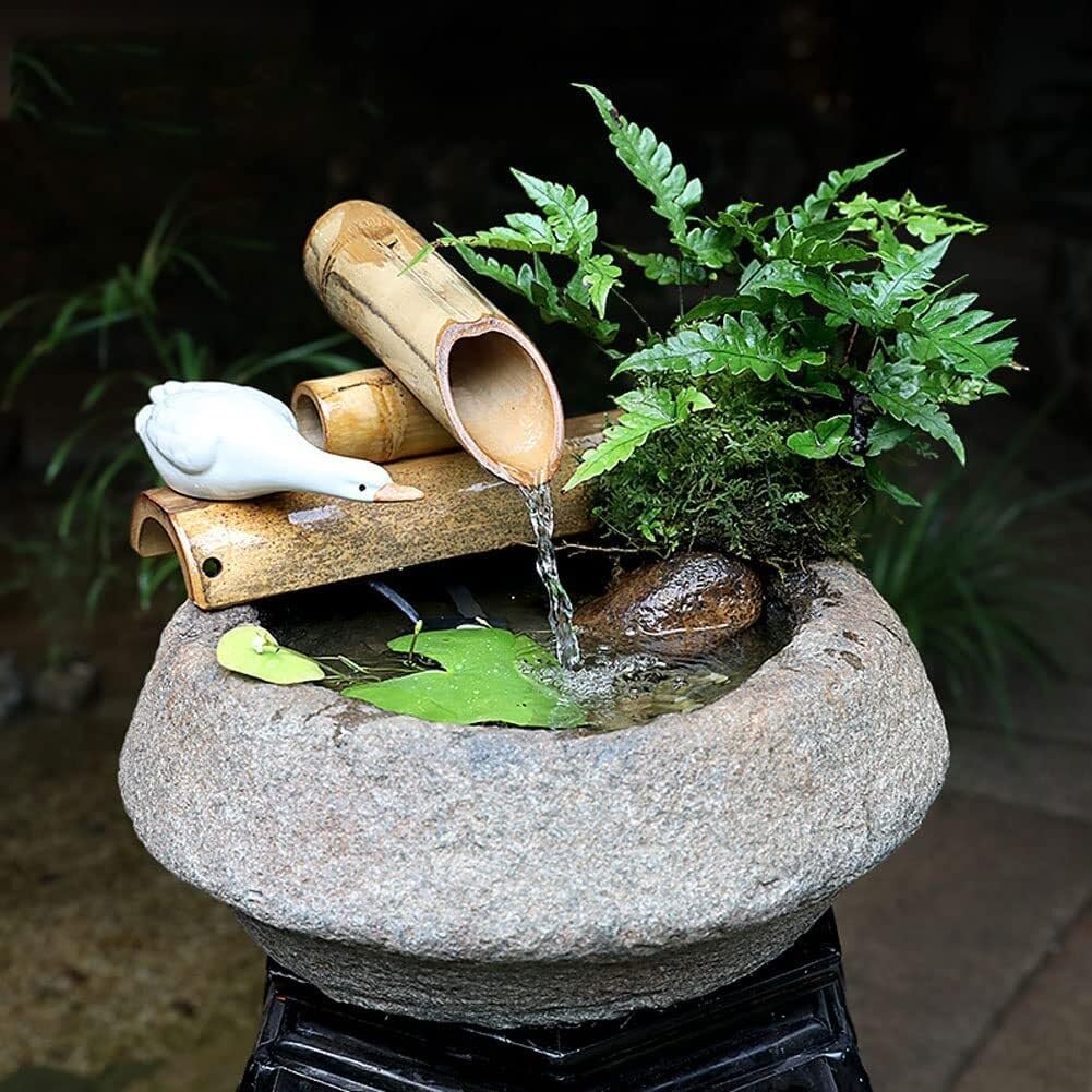 Japanese Water Fountain, Bamboo Zen Garden Water Fountain with Pump & Stone Bowls, Mini Fish Pond Bird Bath