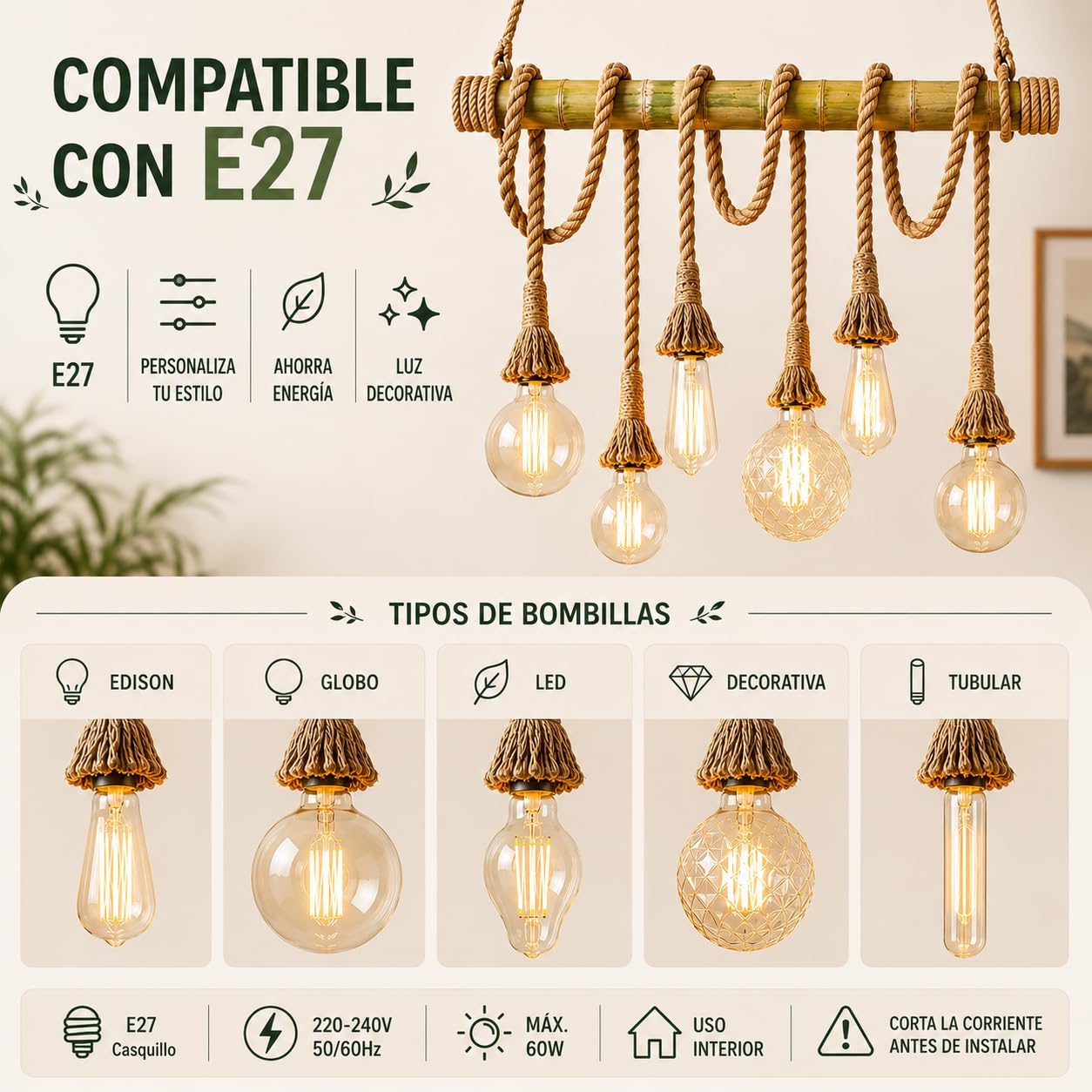 ONSSI® Lámpara Colgante de Bambú Natural,Lámpara de Techo Vintage Rústica con 6 Portalámparas E27,Diseño de Cuerda de Cáñamo Ajustable,para Comedor,Salón,Bar,Cafetería y Restaurante (Sin Bombillas)