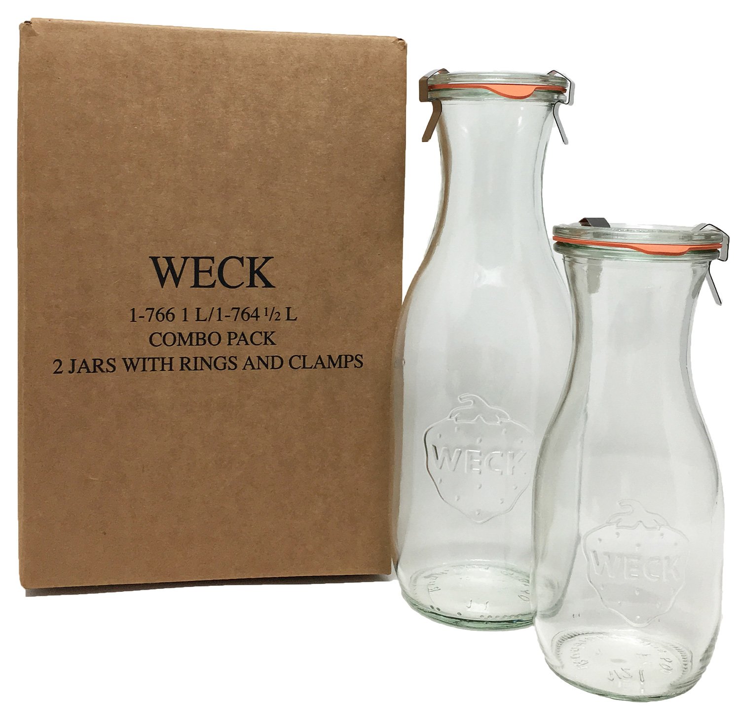 WeckJuice Jar Combo Pack - (1) 766 1-Liter jar (1) 764 1/2-Liter jar with Glass Lids, Rubber Rings and Steel Clamps