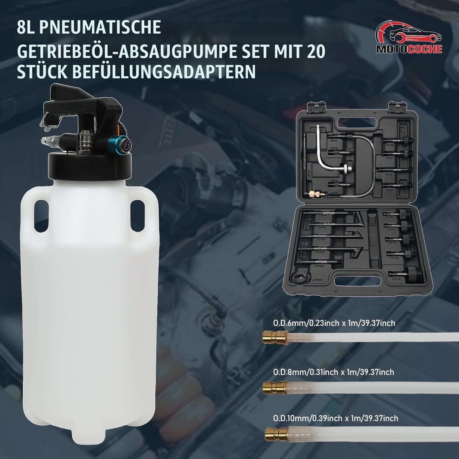 8L Getriebeöl Einfüllgerät Getriebeölfüllwerkzeug mit 20 ATF Adaptern, Universal Pneumatikmodus Getriebeöl Befüllgerät Öleinfüllgerät Füllsystem-Satz