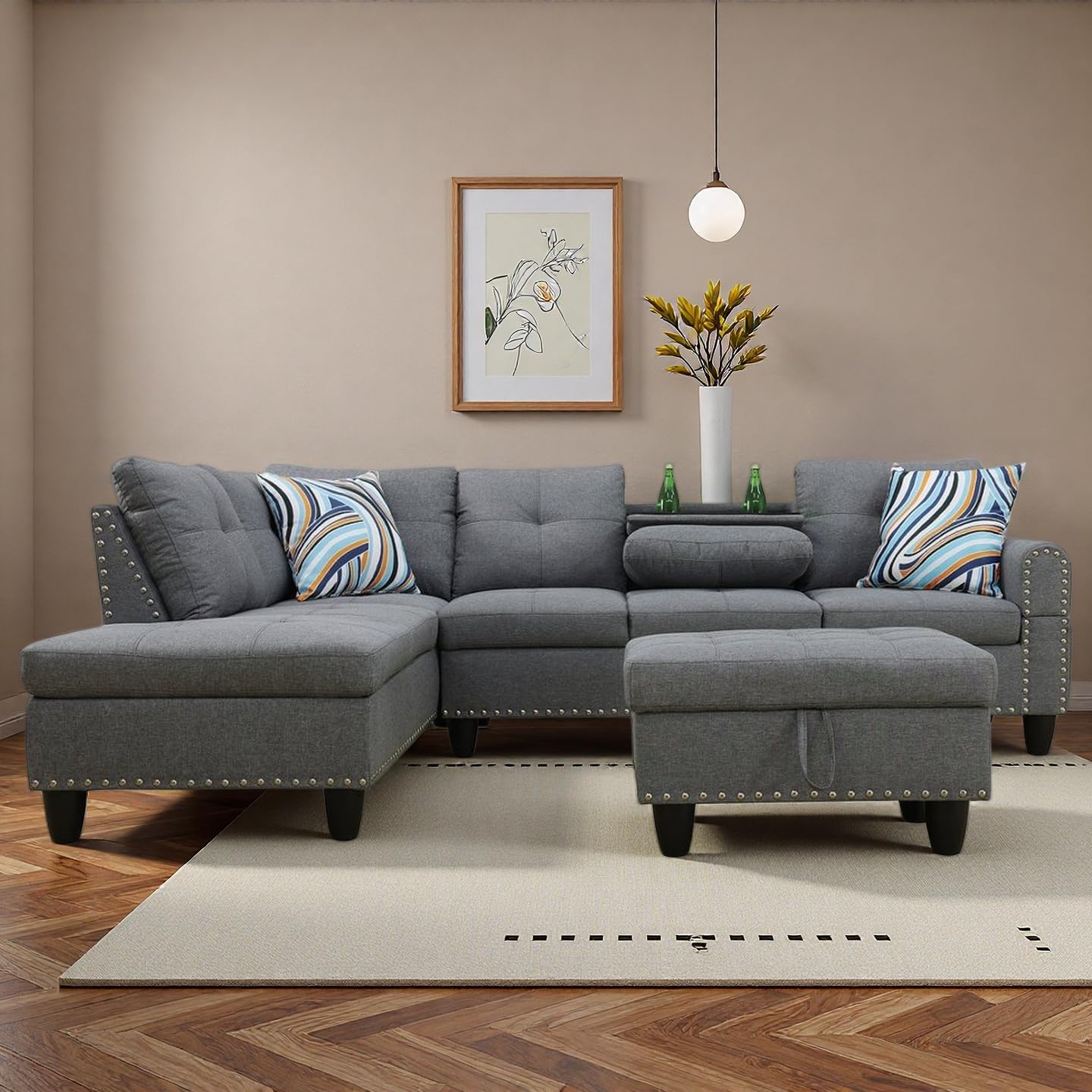 97" Linen 4-Seat L-Shaped Sectional Sofa with Movable Chaise & Storage Ottoman - 3-Piece Modular Convertible Couch for Living Room, Bedroom, Apartment & Office, Charcoal